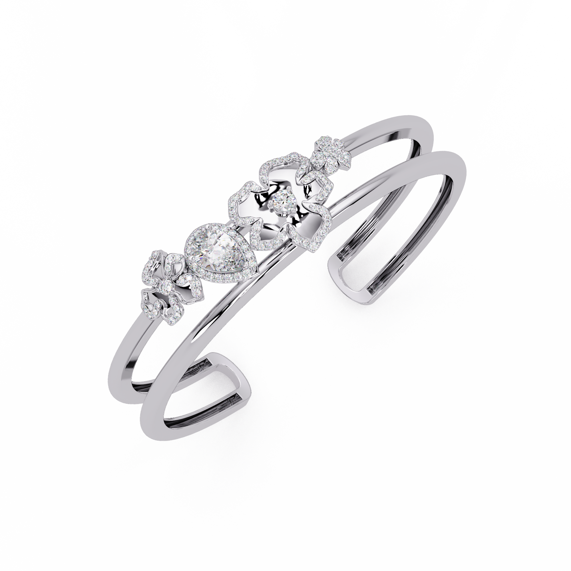 Floral Pear Cut Diamond Open Cuff Bracelet