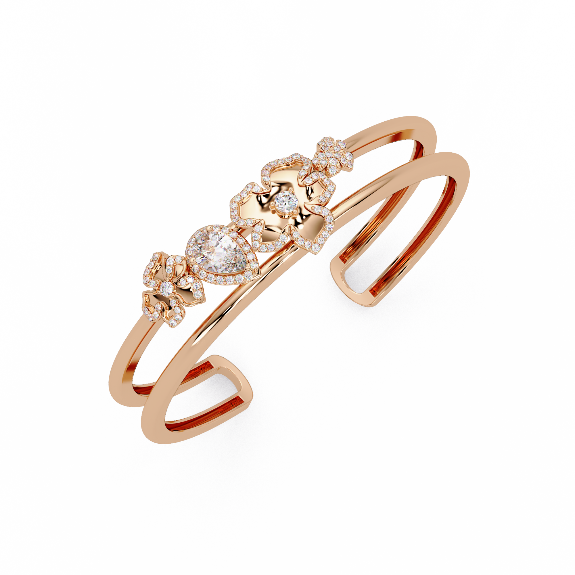 Floral Pear Cut Diamond Open Cuff Bracelet