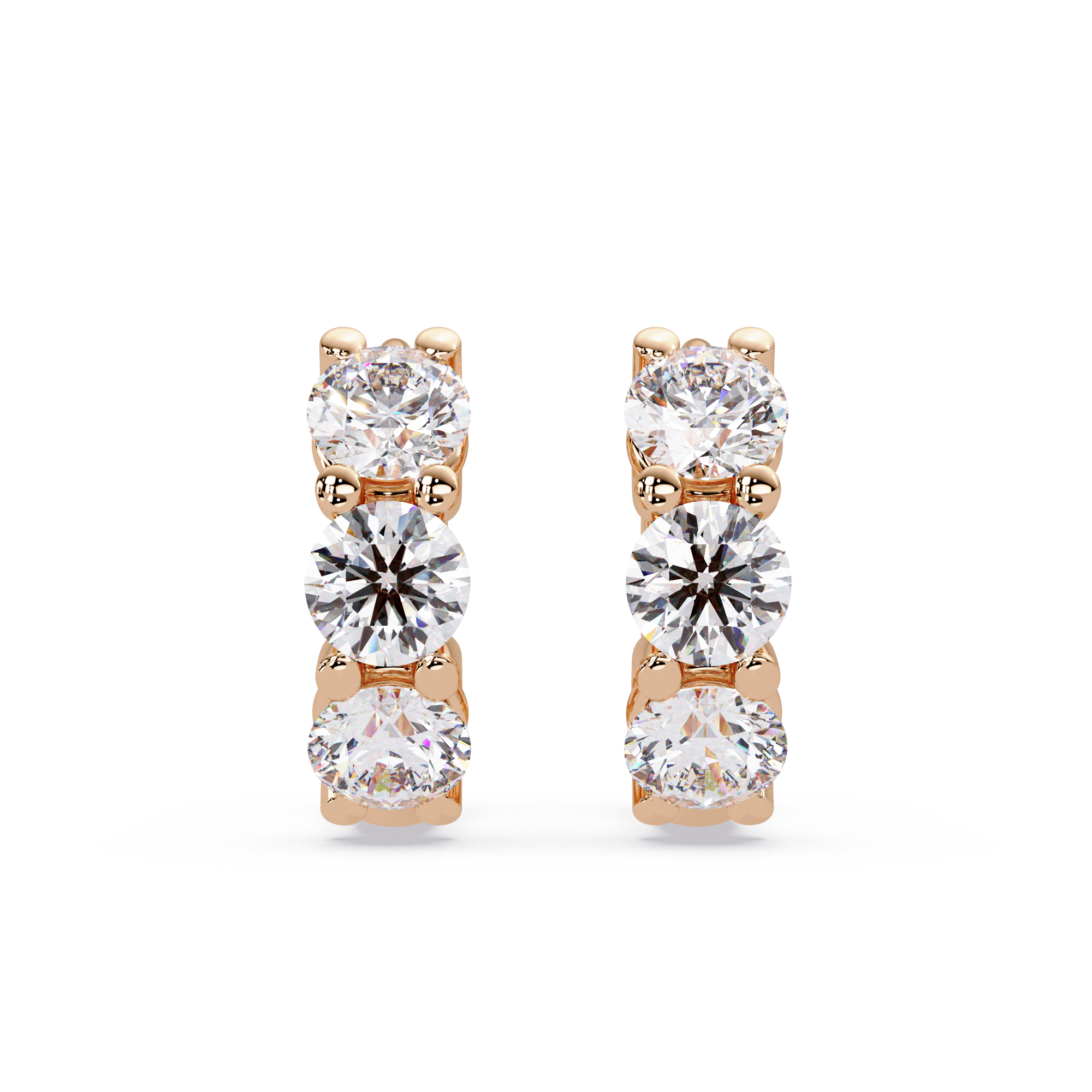 Three Stone Round Cut Diamond Huggie Hoop Earrings