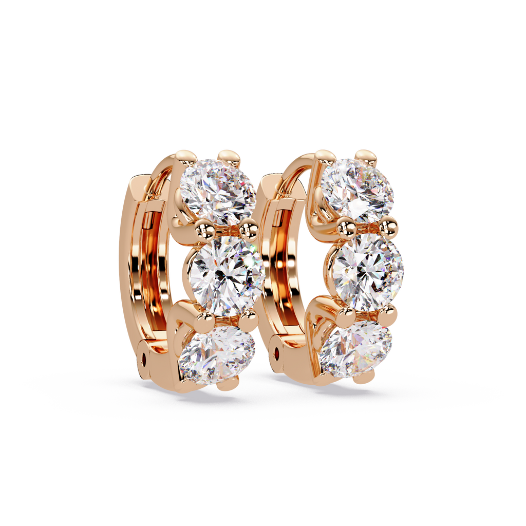 Three Stone Round Cut Diamond Huggie Hoop Earrings