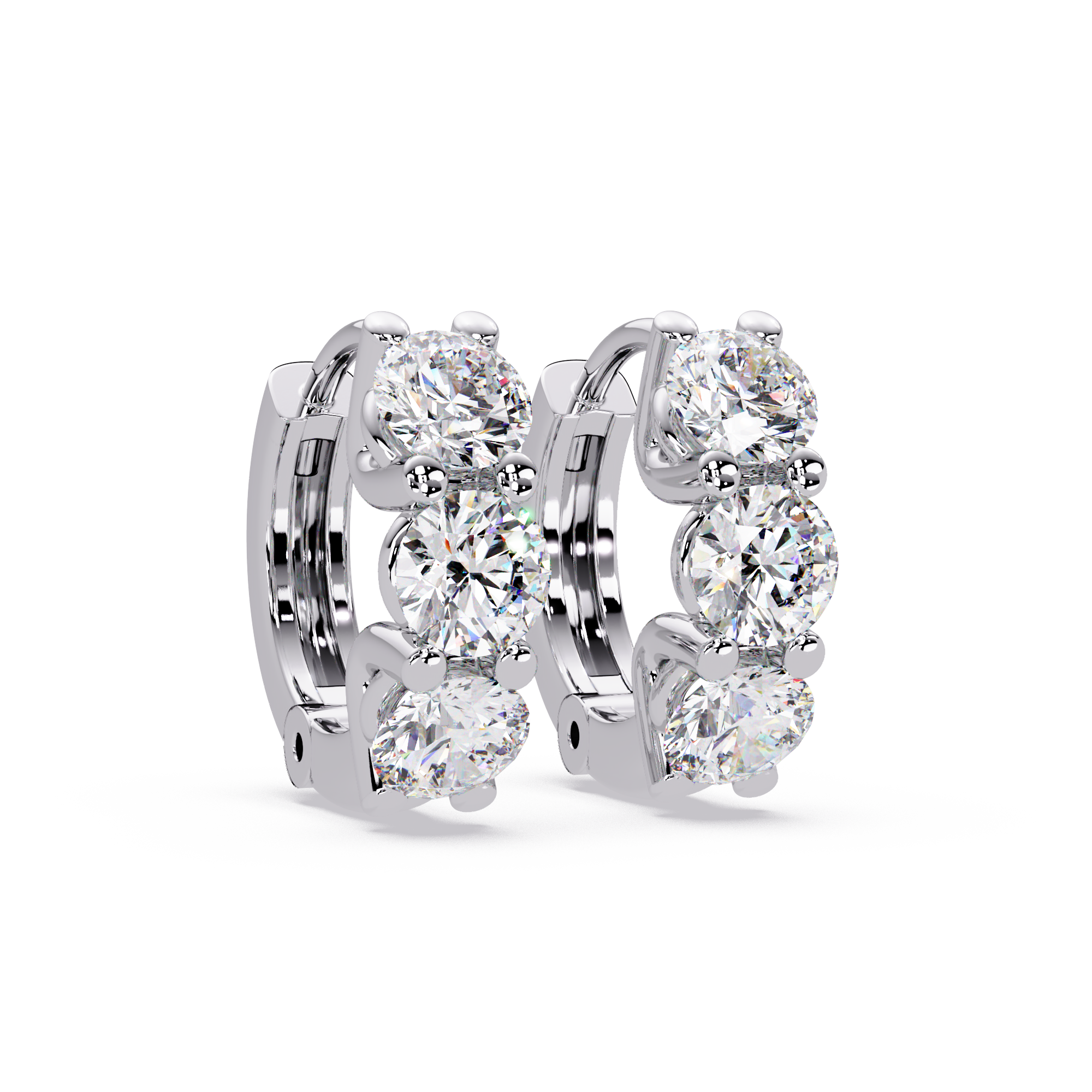 Three Stone Round Cut Diamond Huggie Hoop Earrings