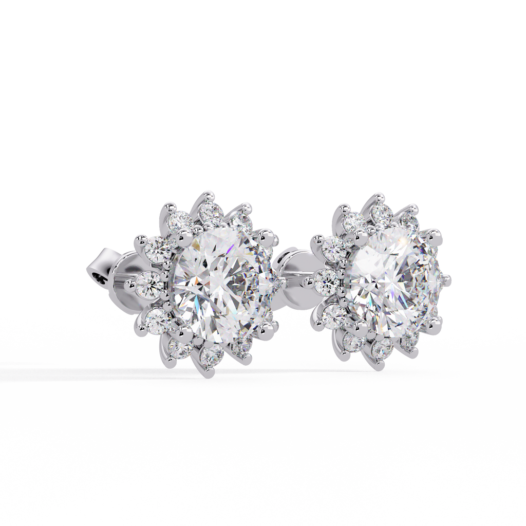 Oval Cut Lab Grown Diamond Floral Halo Stud Earrings