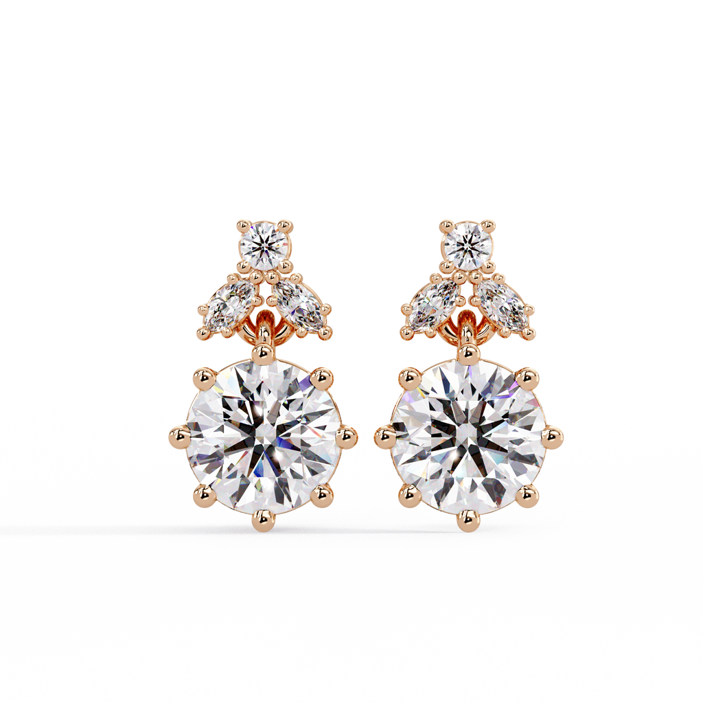 Elegant floral-inspired diamond drop earrings featuring round and marquise-cut stones for exceptional brilliance.