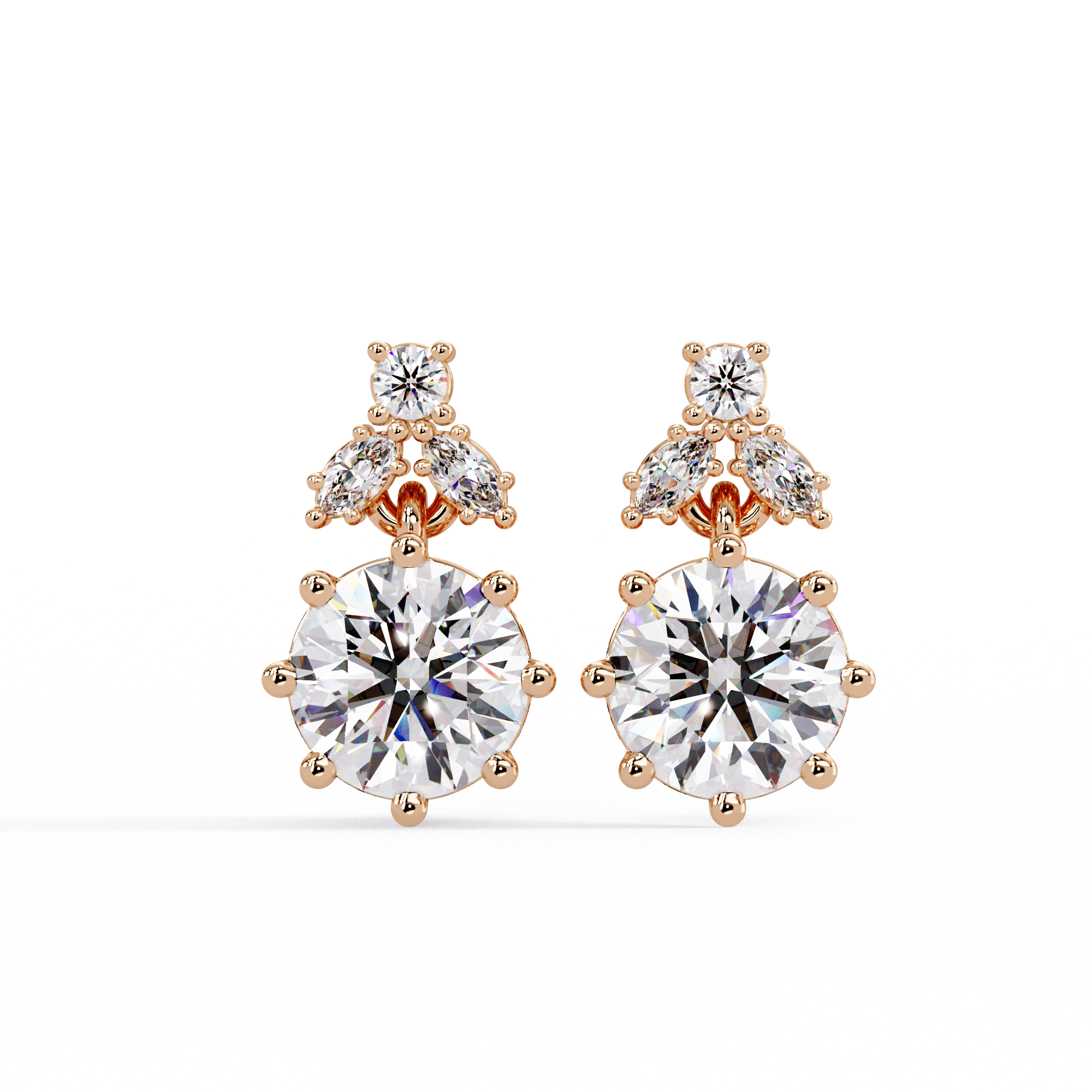 Elegant floral-inspired diamond drop earrings featuring round and marquise-cut stones for exceptional brilliance.