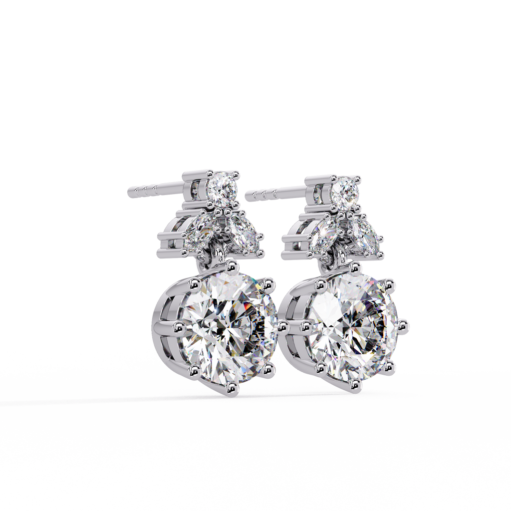 Elegant floral-inspired diamond drop earrings featuring round and marquise-cut stones for exceptional brilliance.