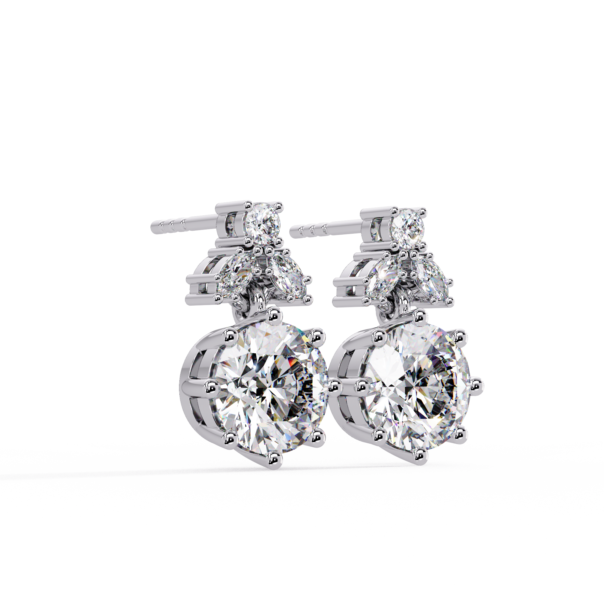 Elegant floral-inspired diamond drop earrings featuring round and marquise-cut stones for exceptional brilliance.