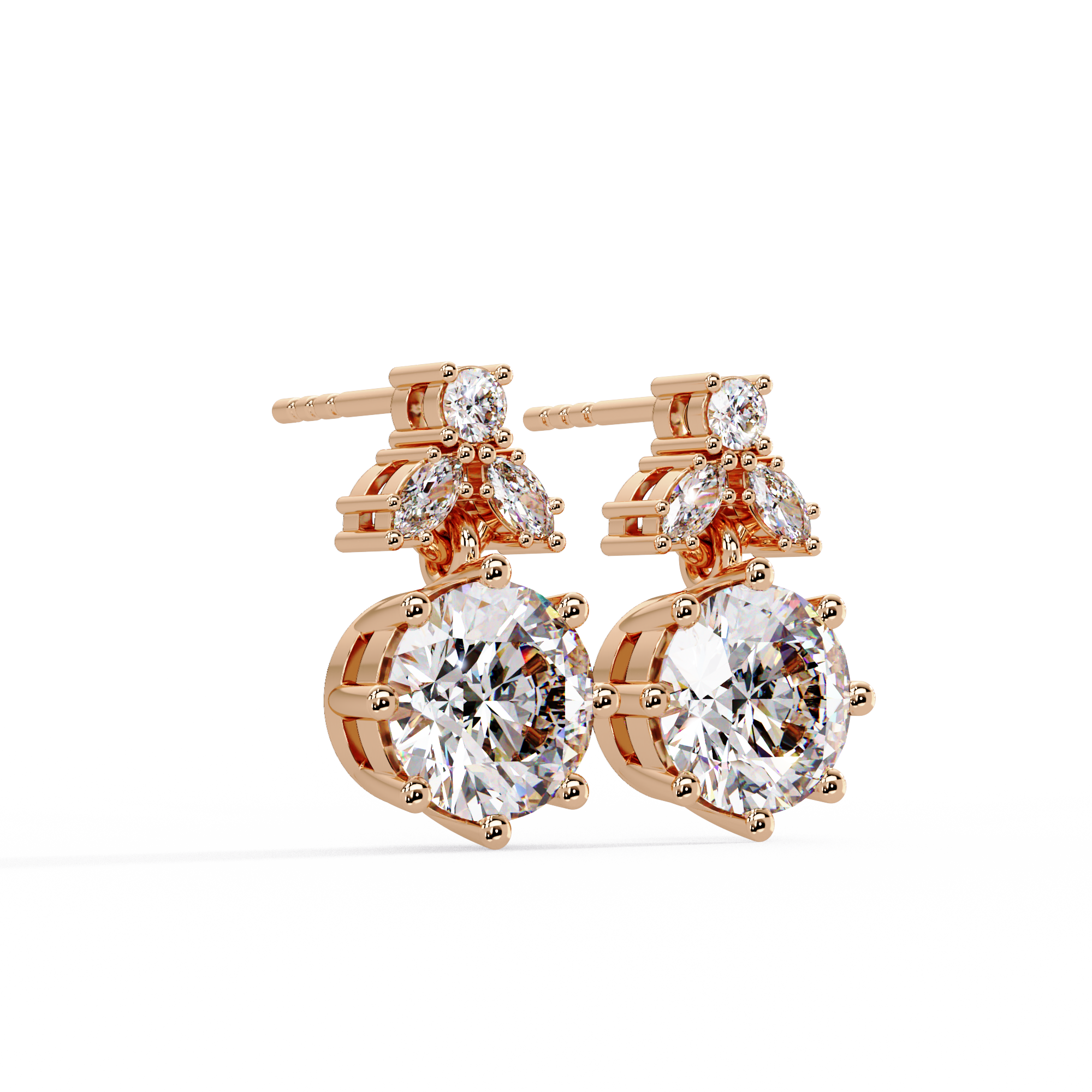 Elegant floral-inspired diamond drop earrings featuring round and marquise-cut stones for exceptional brilliance.