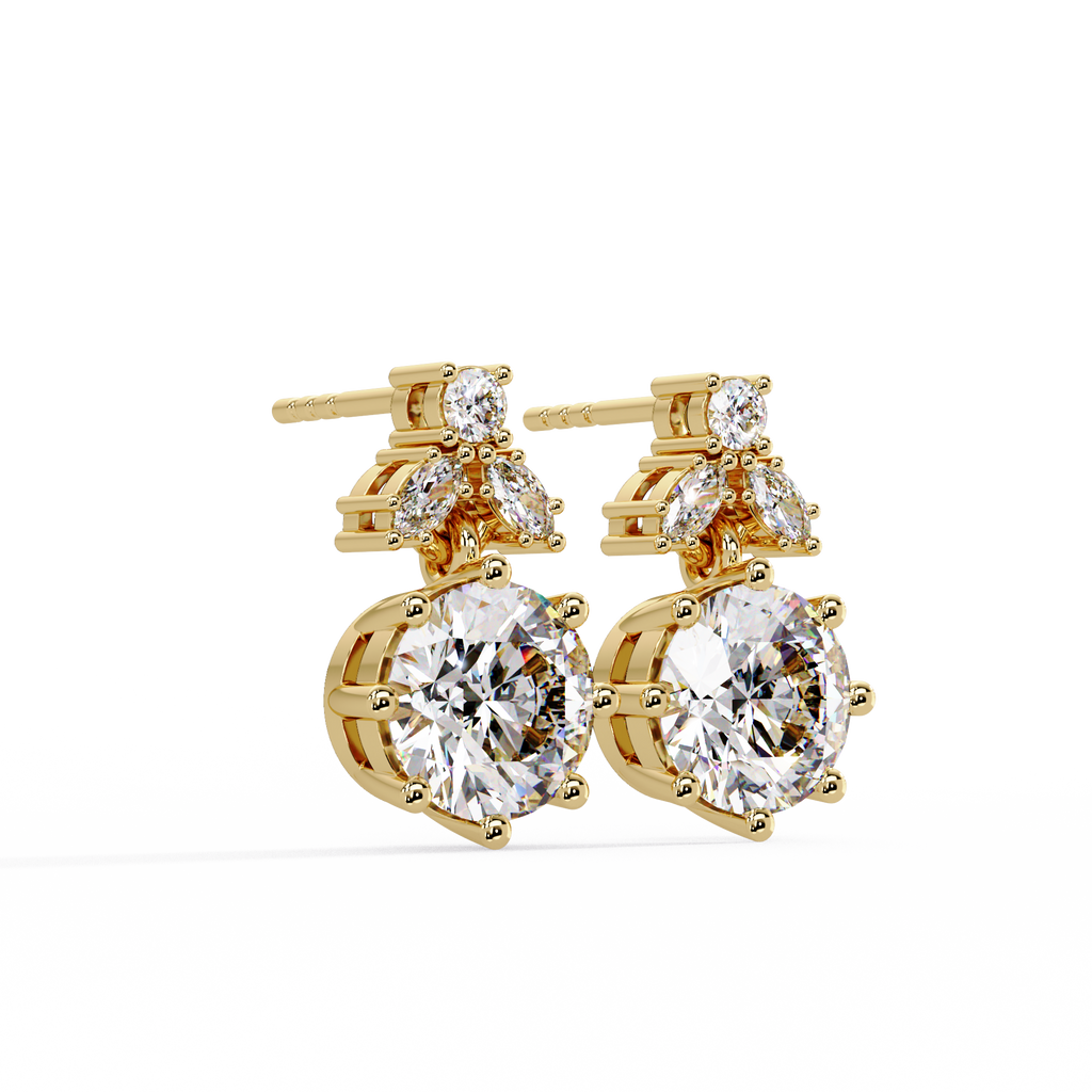 Elegant floral-inspired diamond drop earrings featuring round and marquise-cut stones for exceptional brilliance.