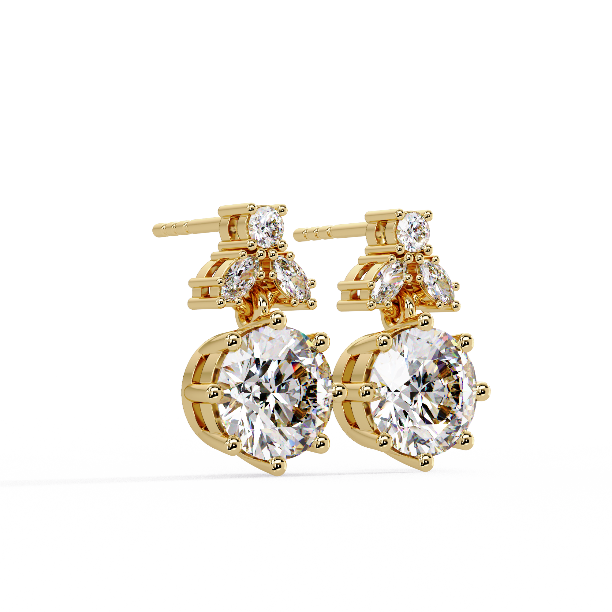 Elegant floral-inspired diamond drop earrings featuring round and marquise-cut stones for exceptional brilliance.