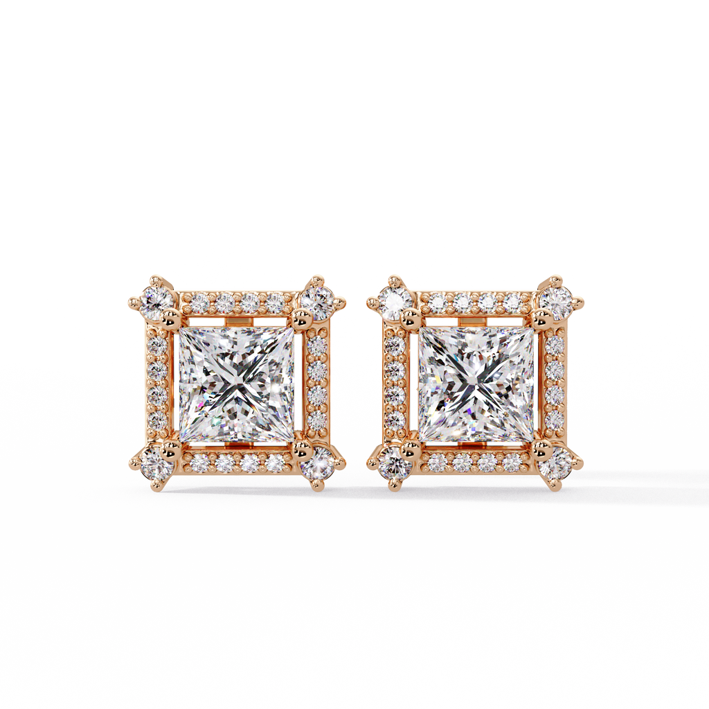 Princess Cut Halo Diamond Stud Earrings
