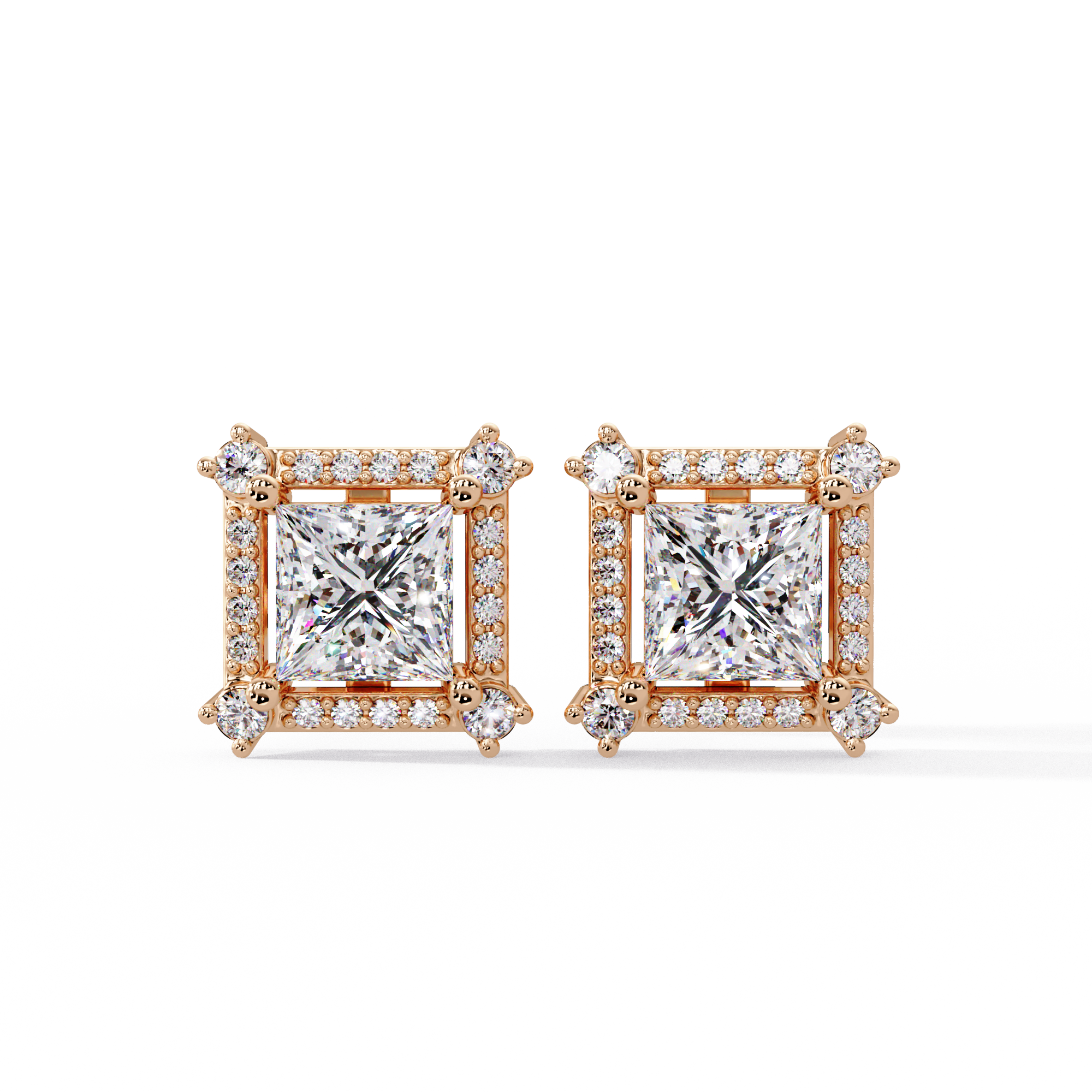 Princess Cut Halo Diamond Stud Earrings