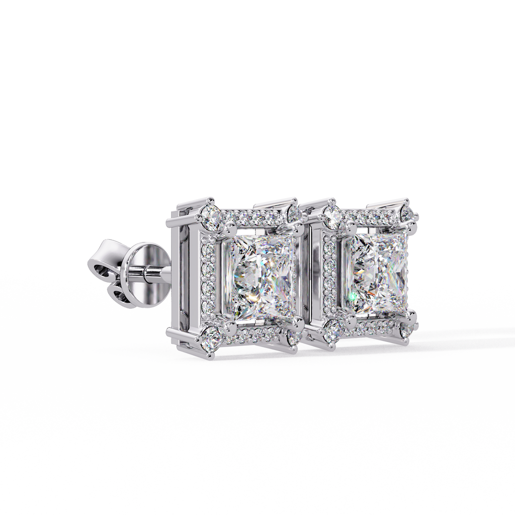 Princess Cut Halo Diamond Stud Earrings