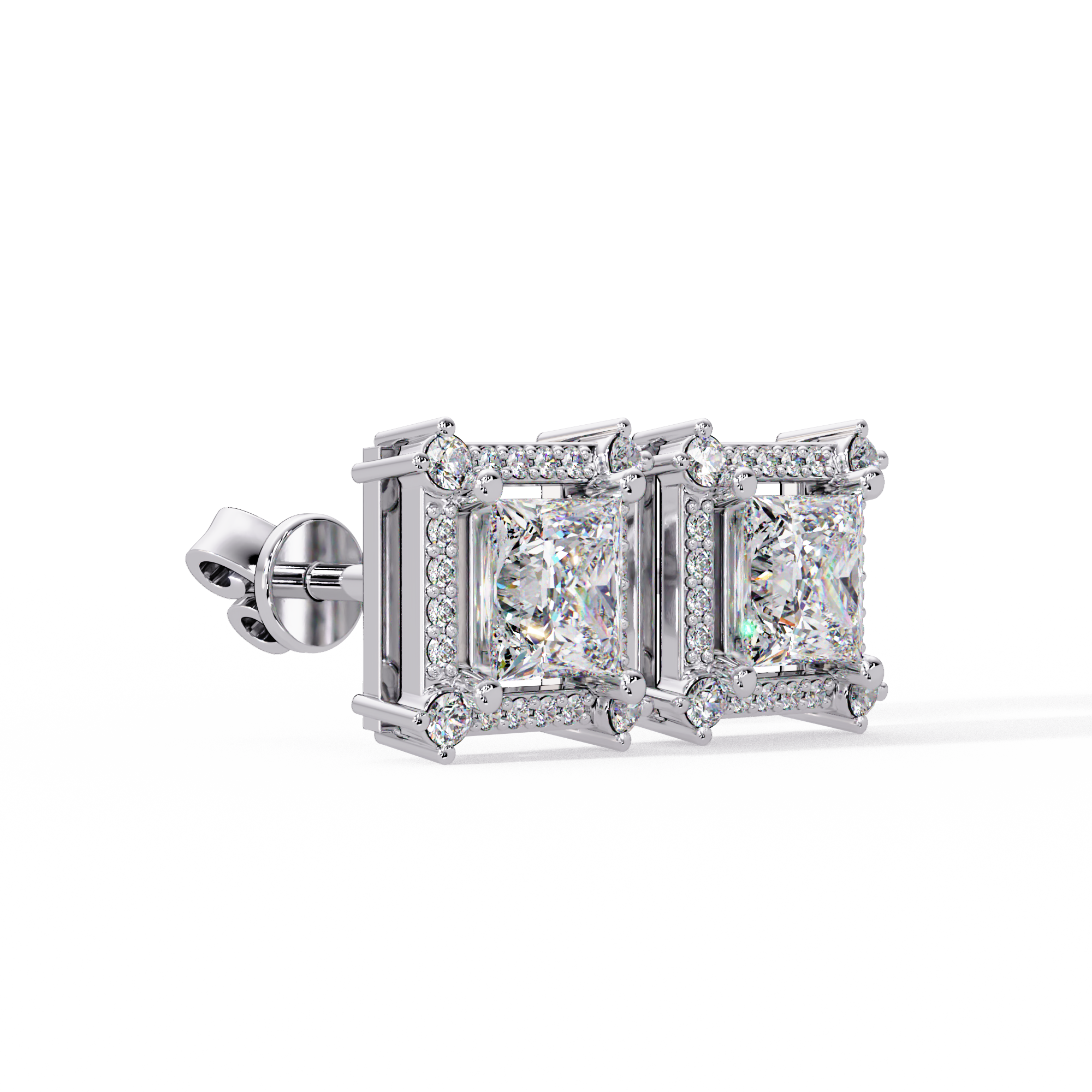 Princess Cut Halo Diamond Stud Earrings