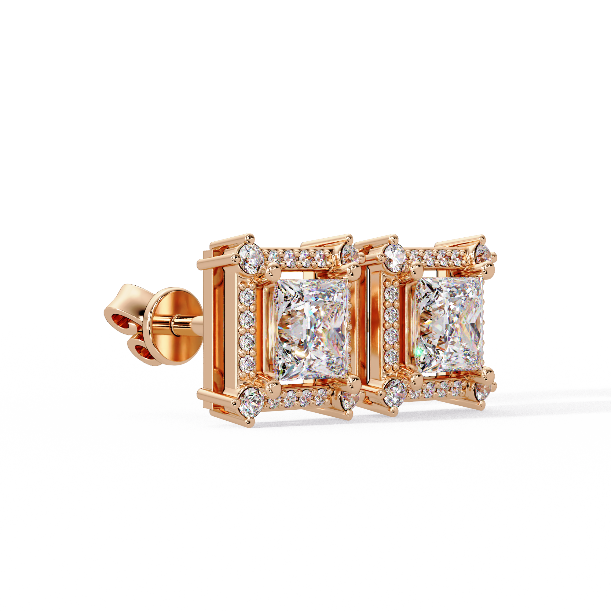 Princess Cut Halo Diamond Stud Earrings