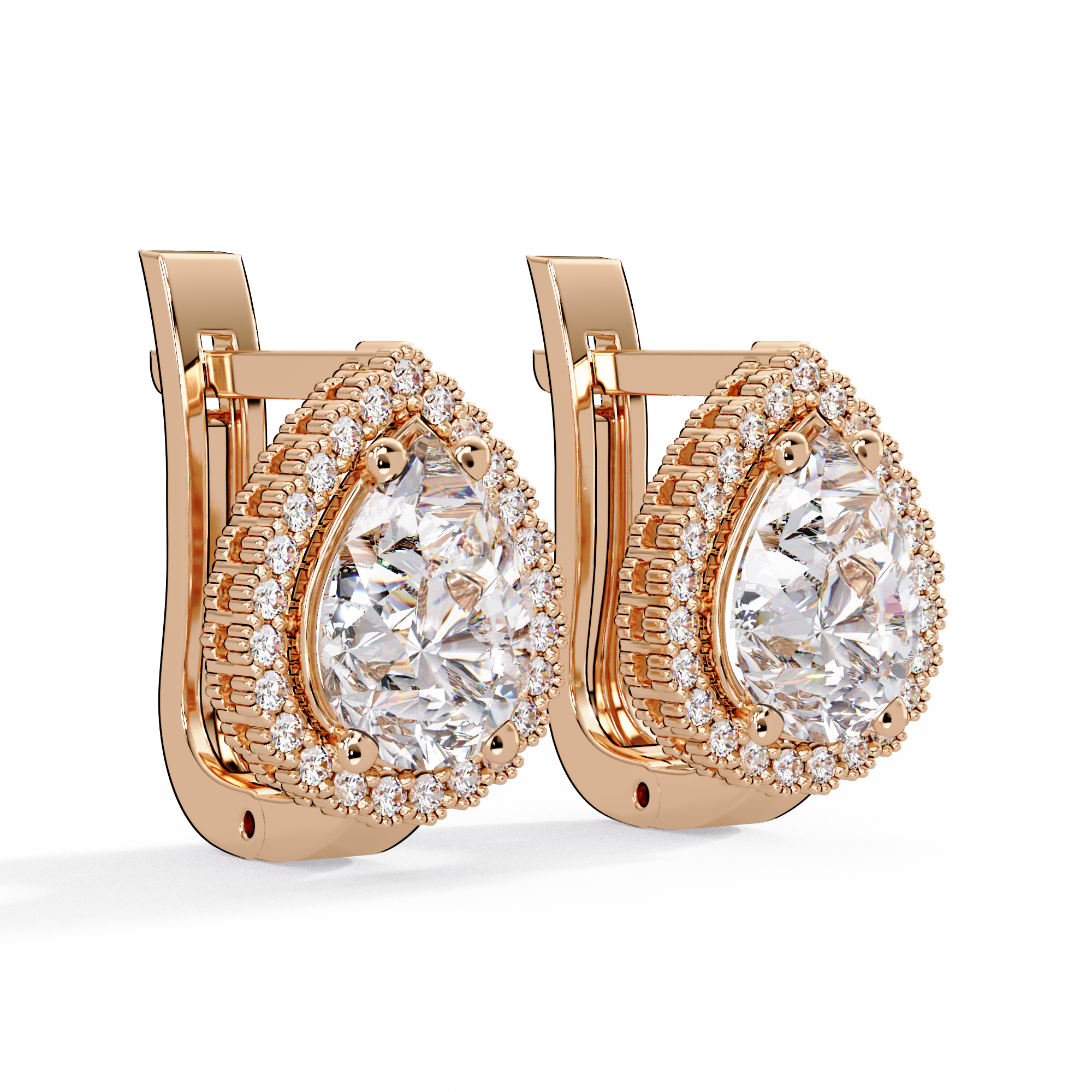 Pear Shape Halo Diamond Leverback Earrings in Gold