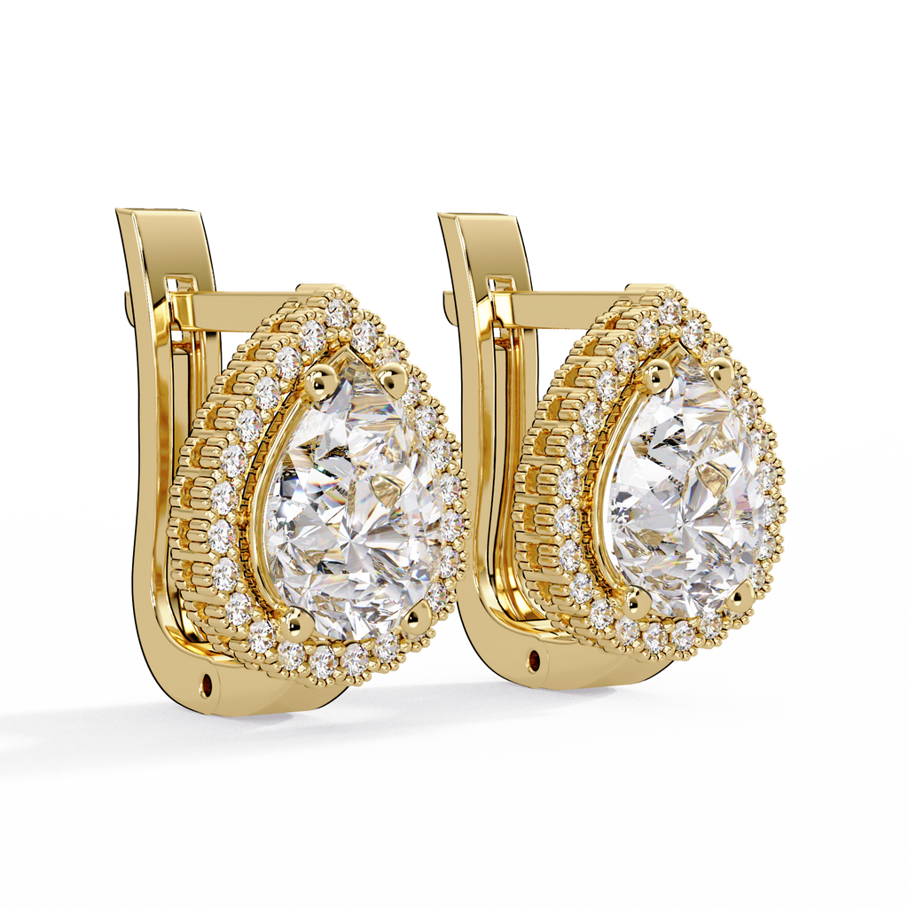 Pear Shape Halo Diamond Leverback Earrings in Gold