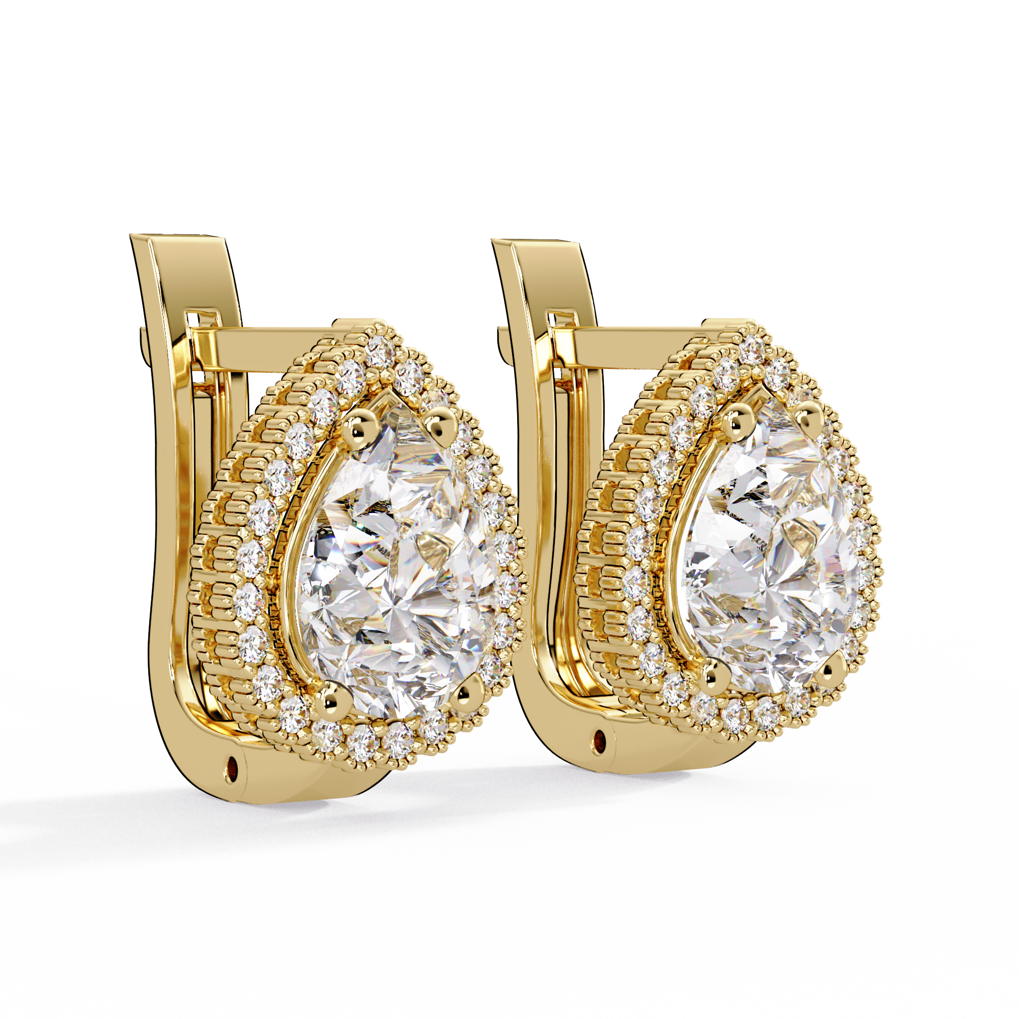 Pear Shape Halo Diamond Leverback Earrings in Gold