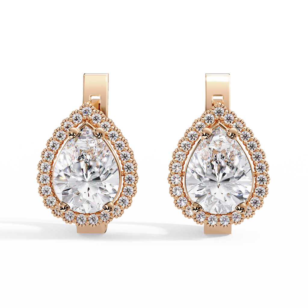Pear Shape Halo Diamond Leverback Earrings in Gold