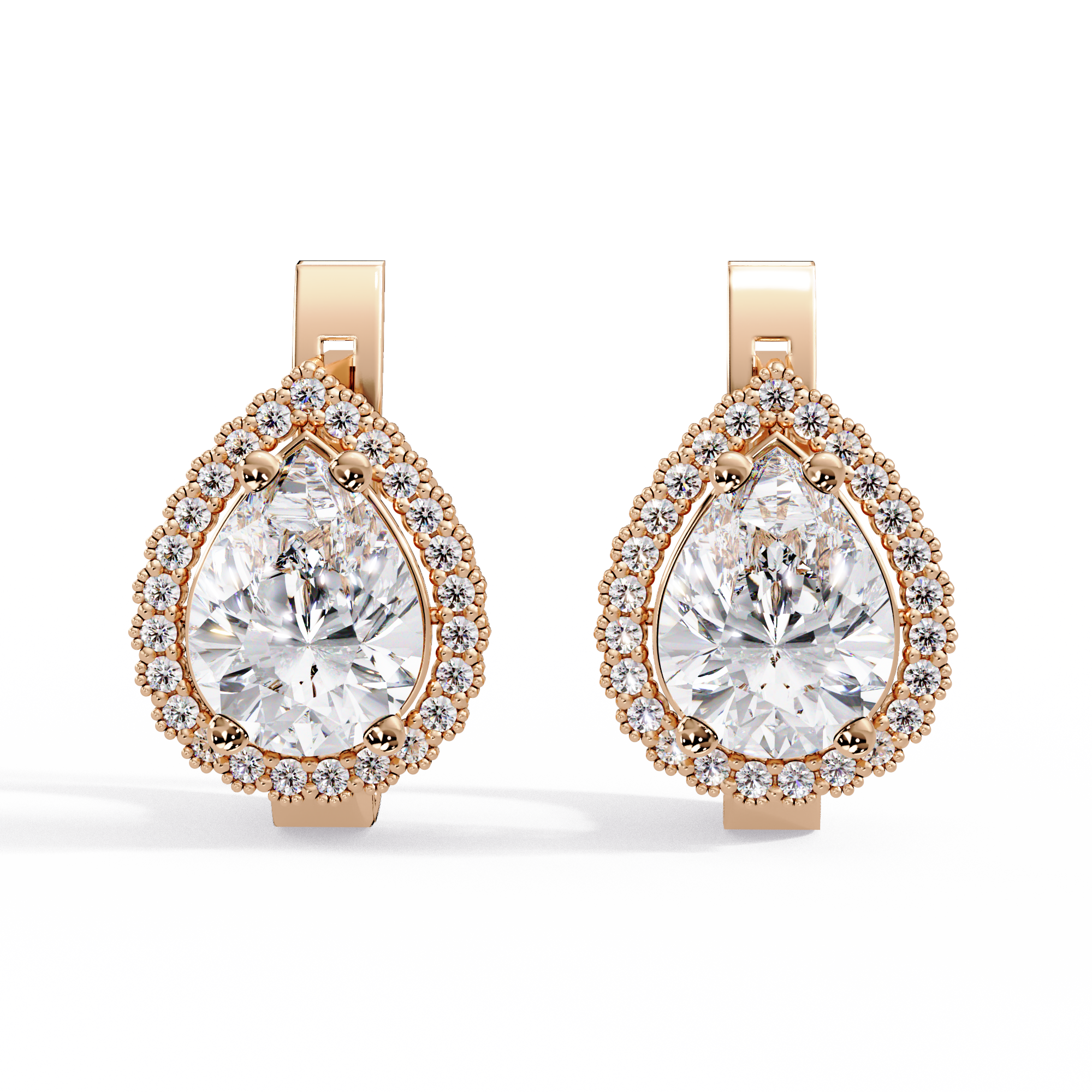 Pear Shape Halo Diamond Leverback Earrings in Gold