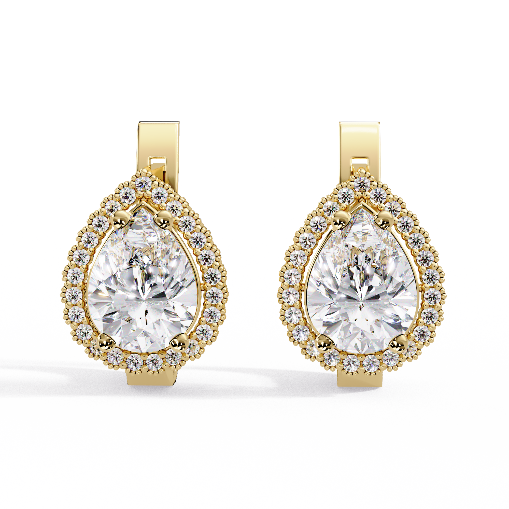 Pear Shape Halo Diamond Leverback Earrings in Gold