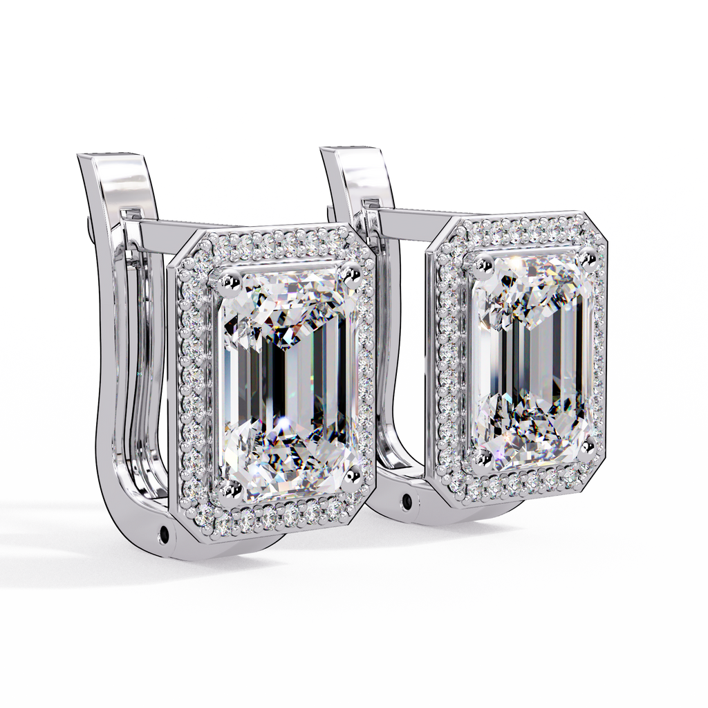 Emerald Cut Halo Diamond Leverback Earrings in 14K & 18K Gold