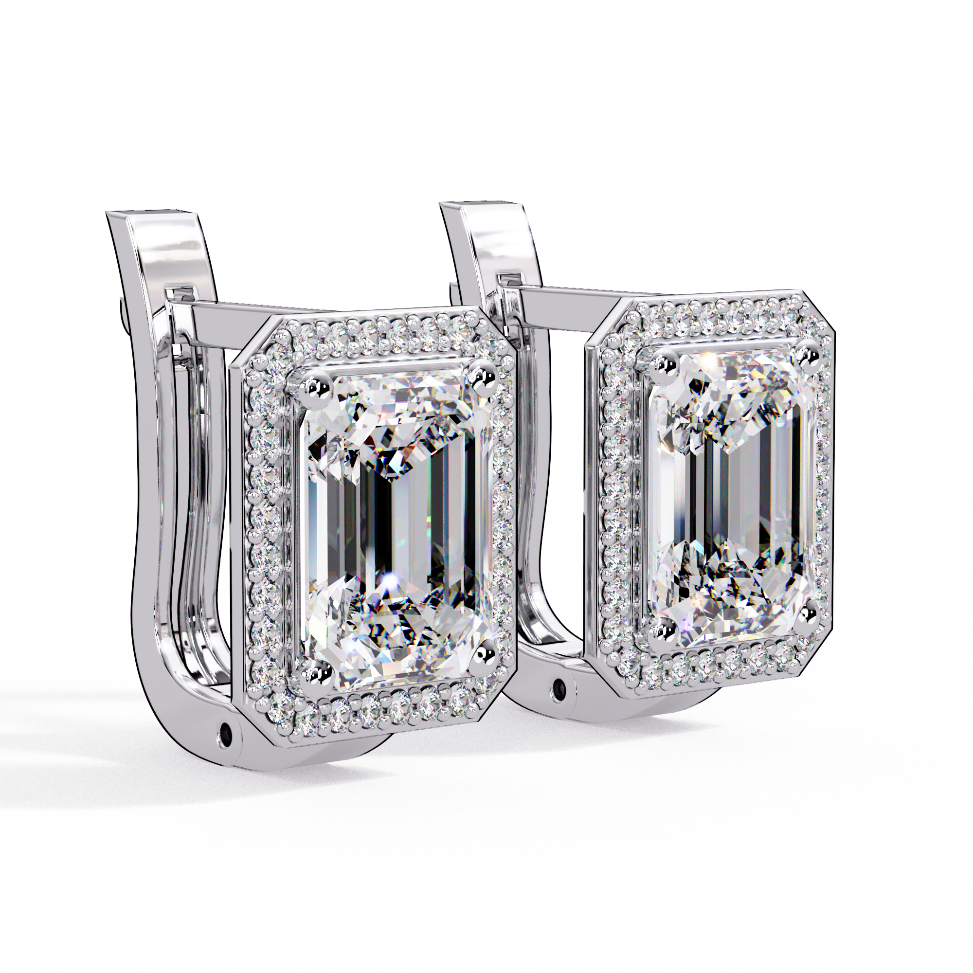 Emerald Cut Halo Diamond Leverback Earrings in 14K & 18K Gold