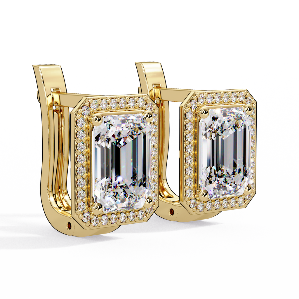 Emerald Cut Halo Diamond Leverback Earrings in 14K & 18K Gold