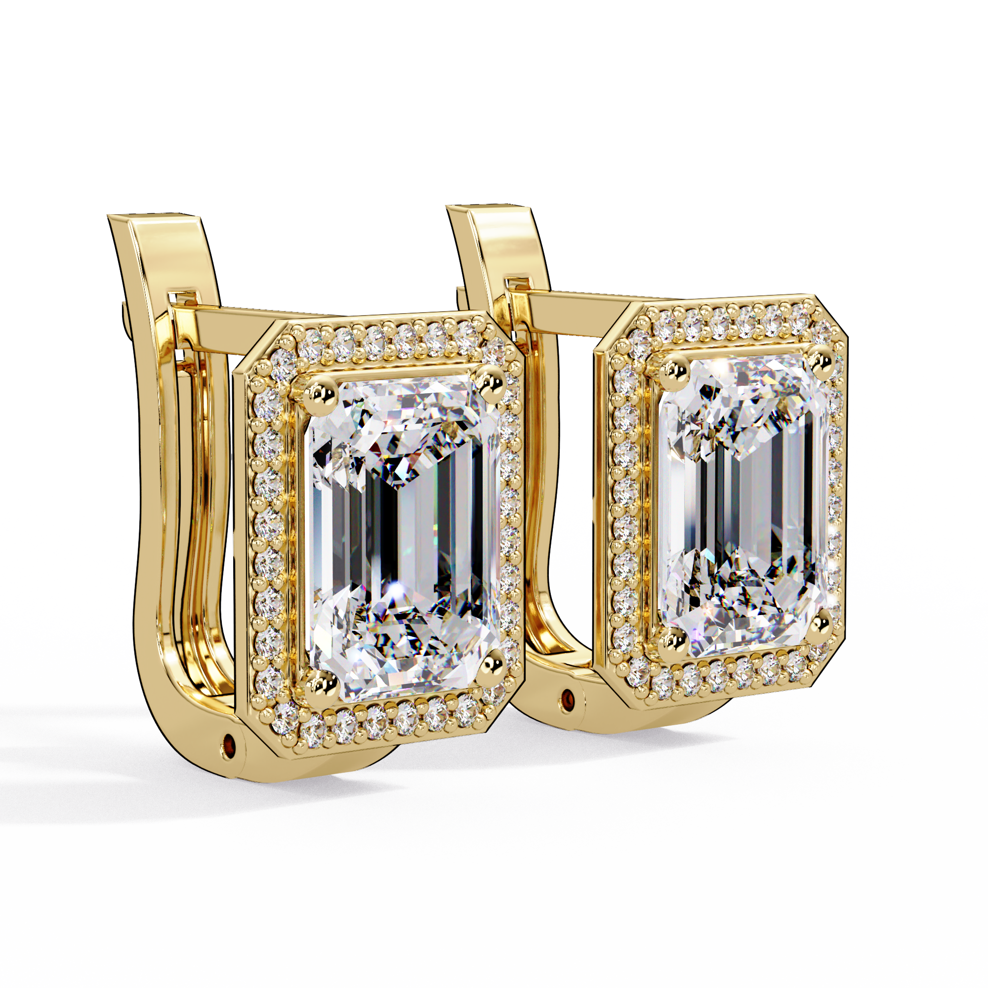 Emerald Cut Halo Diamond Leverback Earrings in 14K & 18K Gold