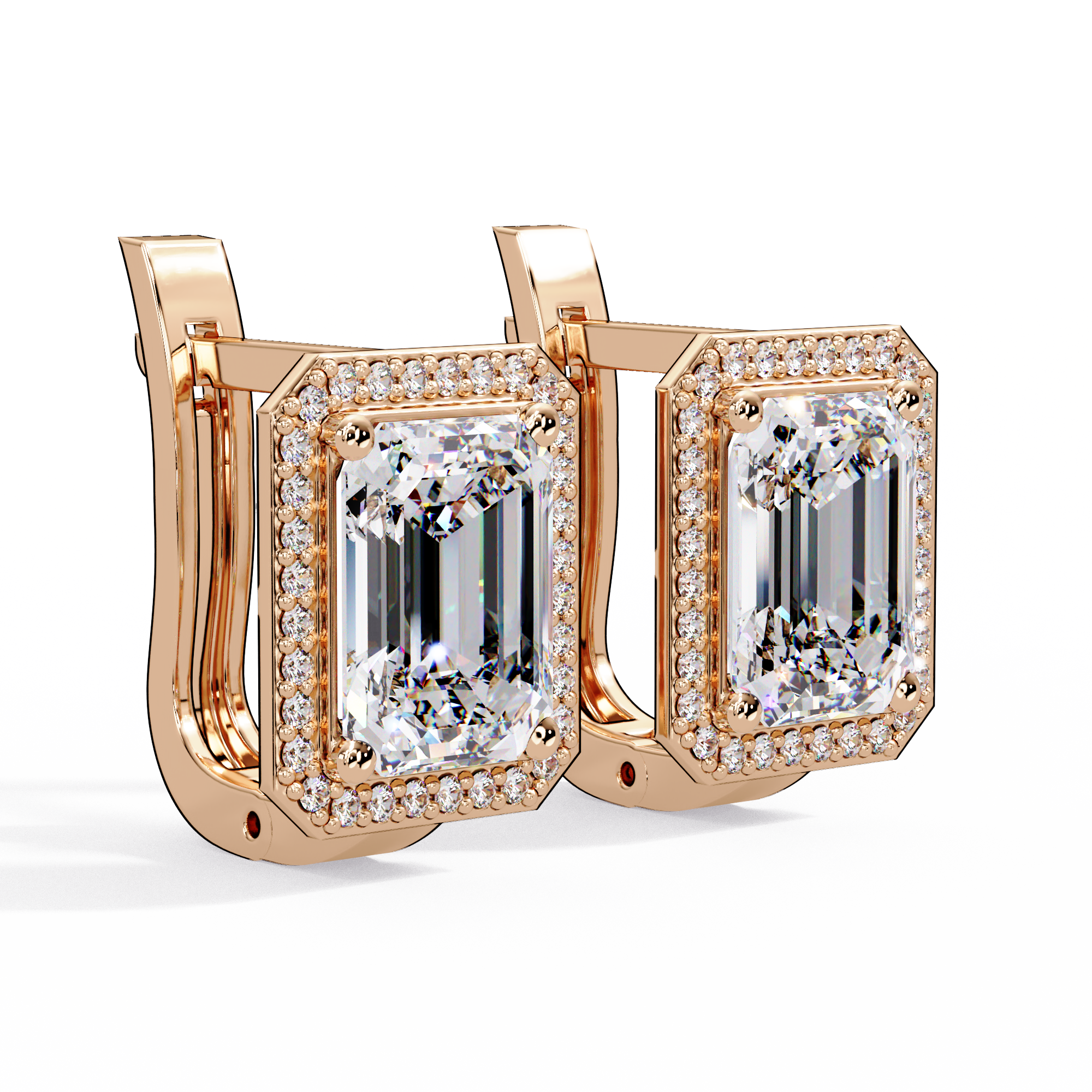 Emerald Cut Halo Diamond Leverback Earrings in 14K & 18K Gold