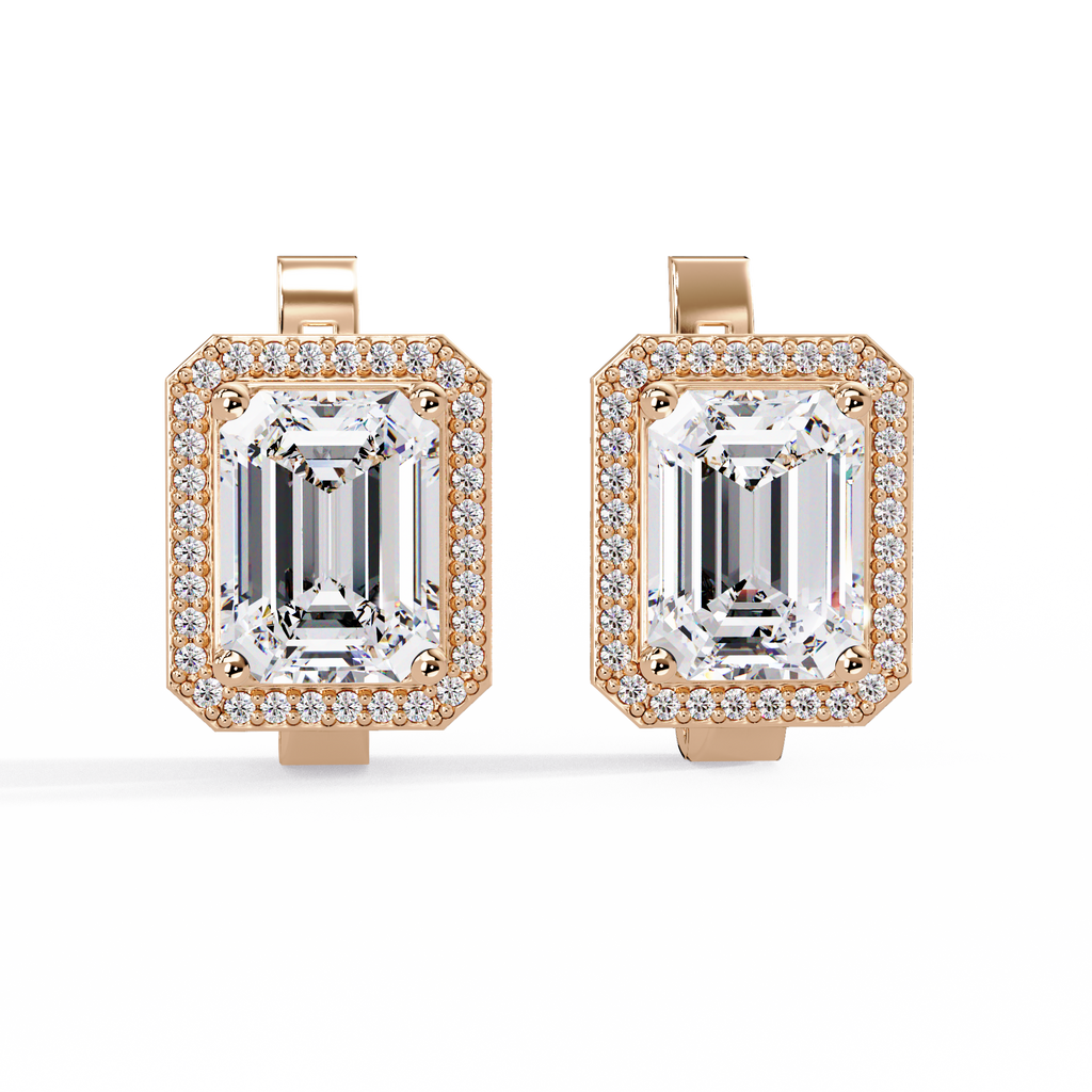 Emerald Cut Halo Diamond Leverback Earrings in 14K & 18K Gold