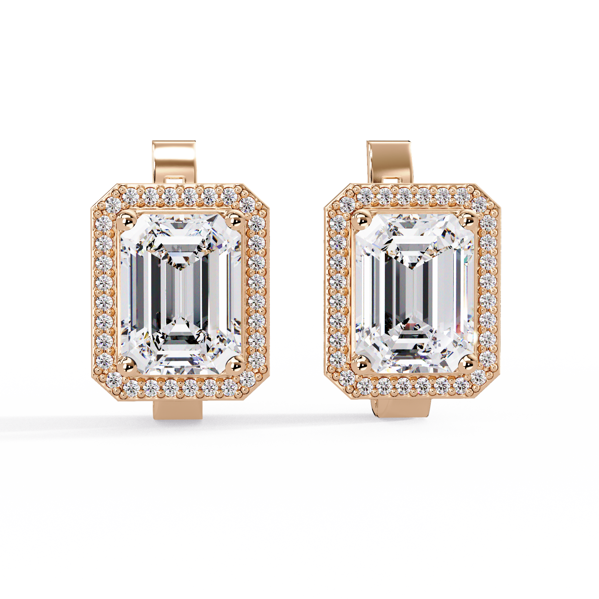 Emerald Cut Halo Diamond Leverback Earrings in 14K & 18K Gold