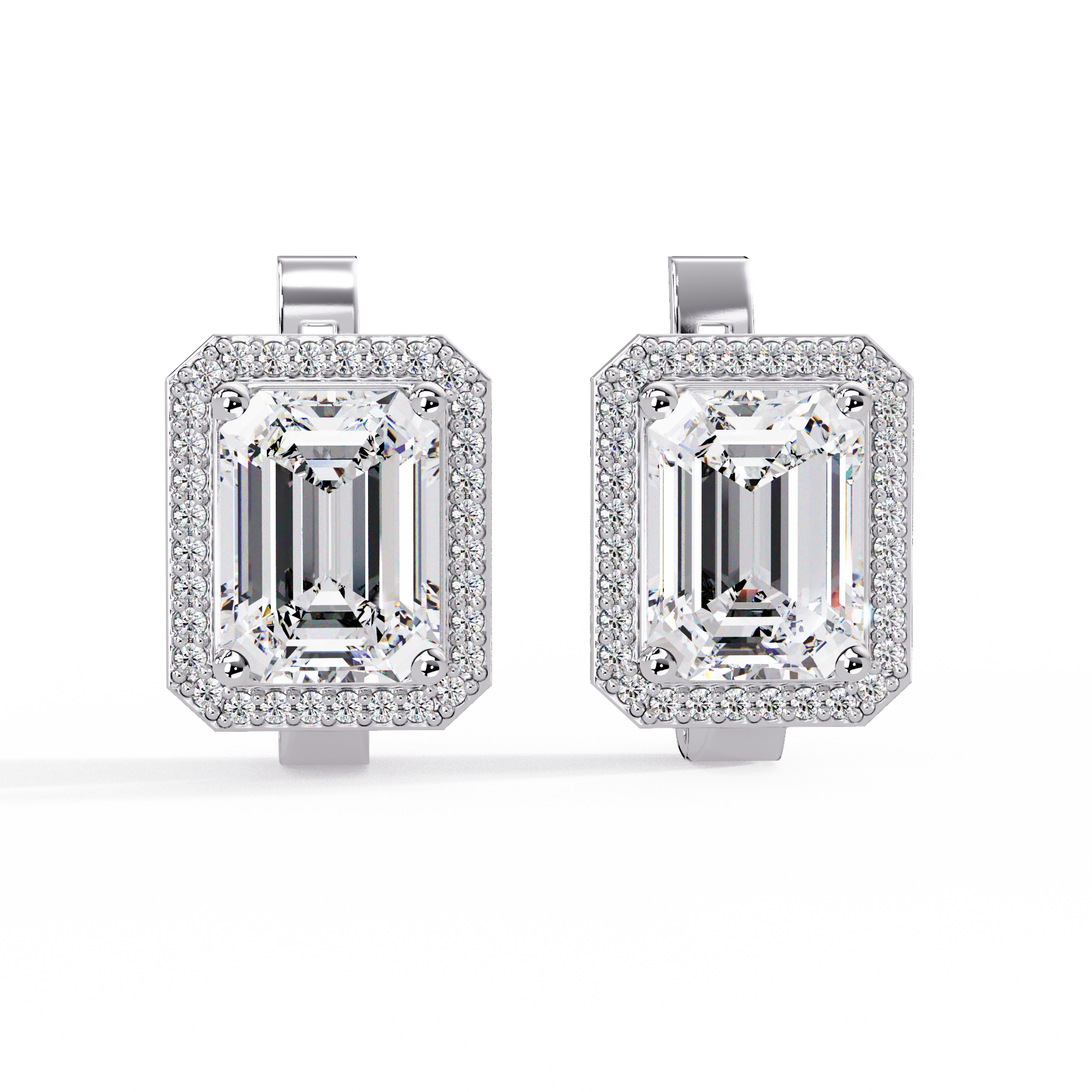 Emerald Cut Halo Diamond Leverback Earrings in 14K & 18K Gold