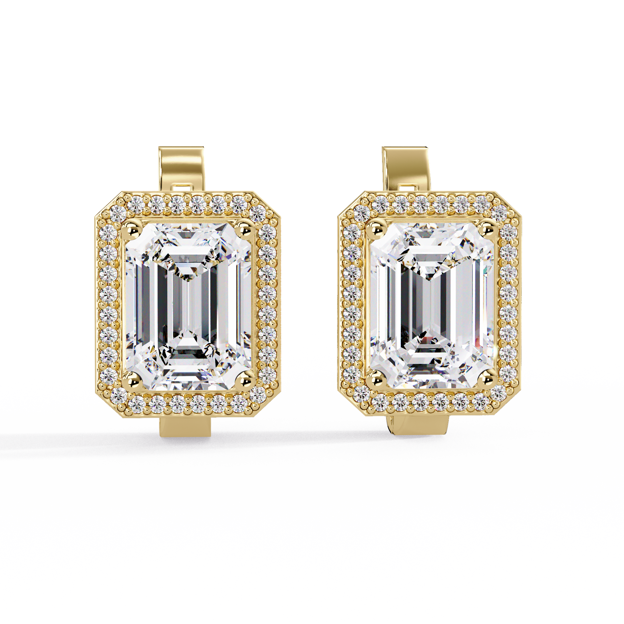Emerald Cut Halo Diamond Leverback Earrings in 14K & 18K Gold