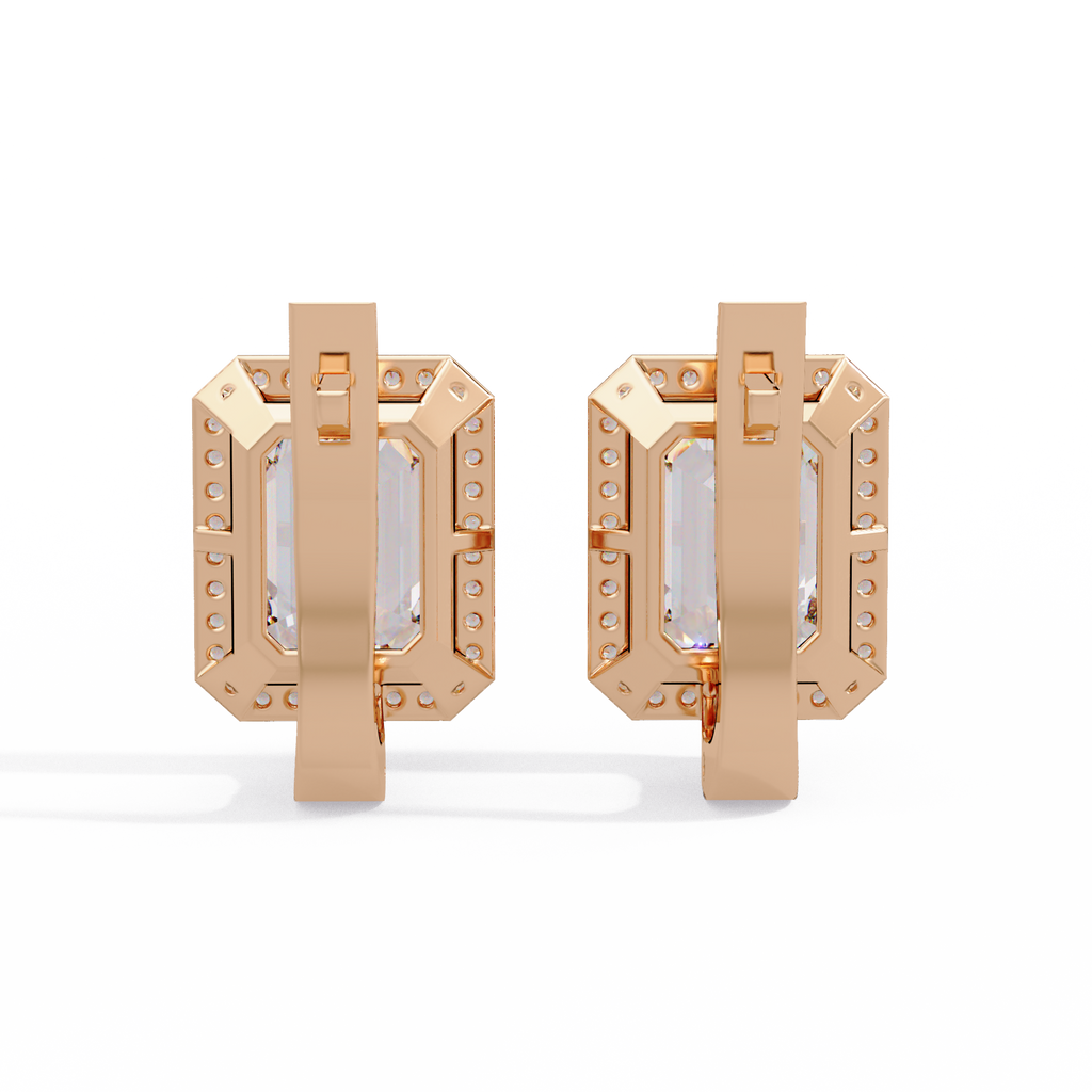 Emerald Cut Halo Diamond Leverback Earrings in 14K & 18K Gold