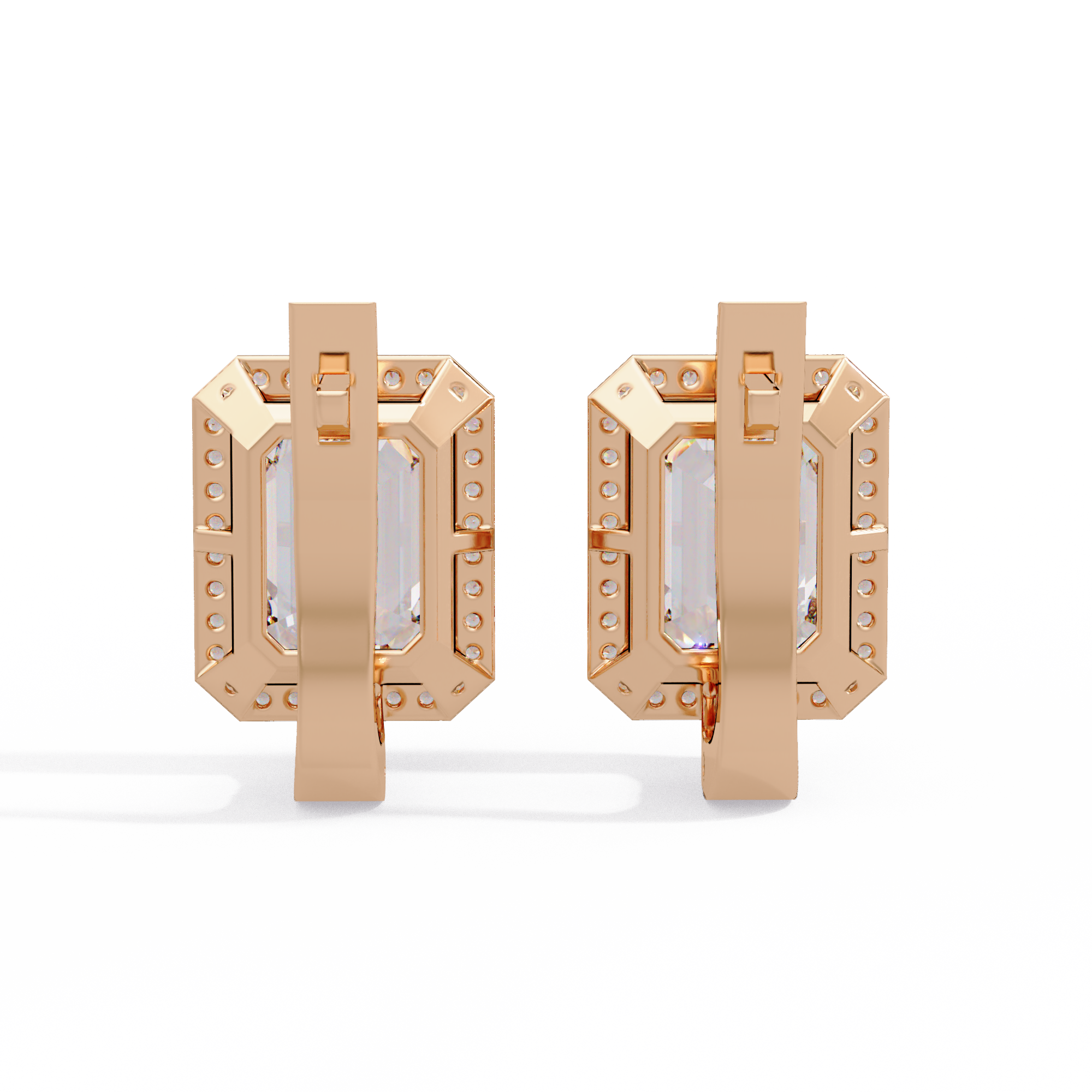 Emerald Cut Halo Diamond Leverback Earrings in 14K & 18K Gold