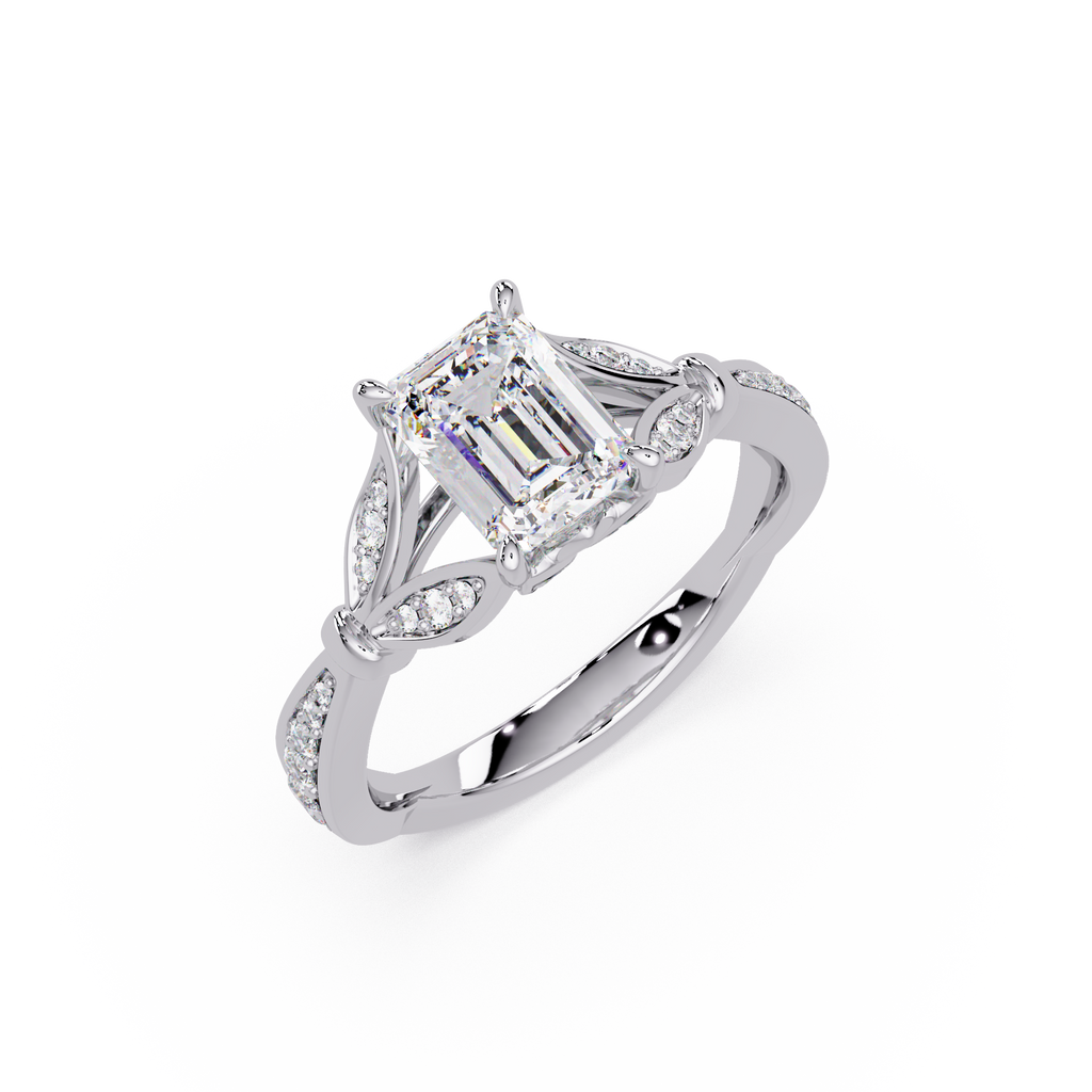 Emerald Cut Diamond Leaf-Inspired Engagement Ring