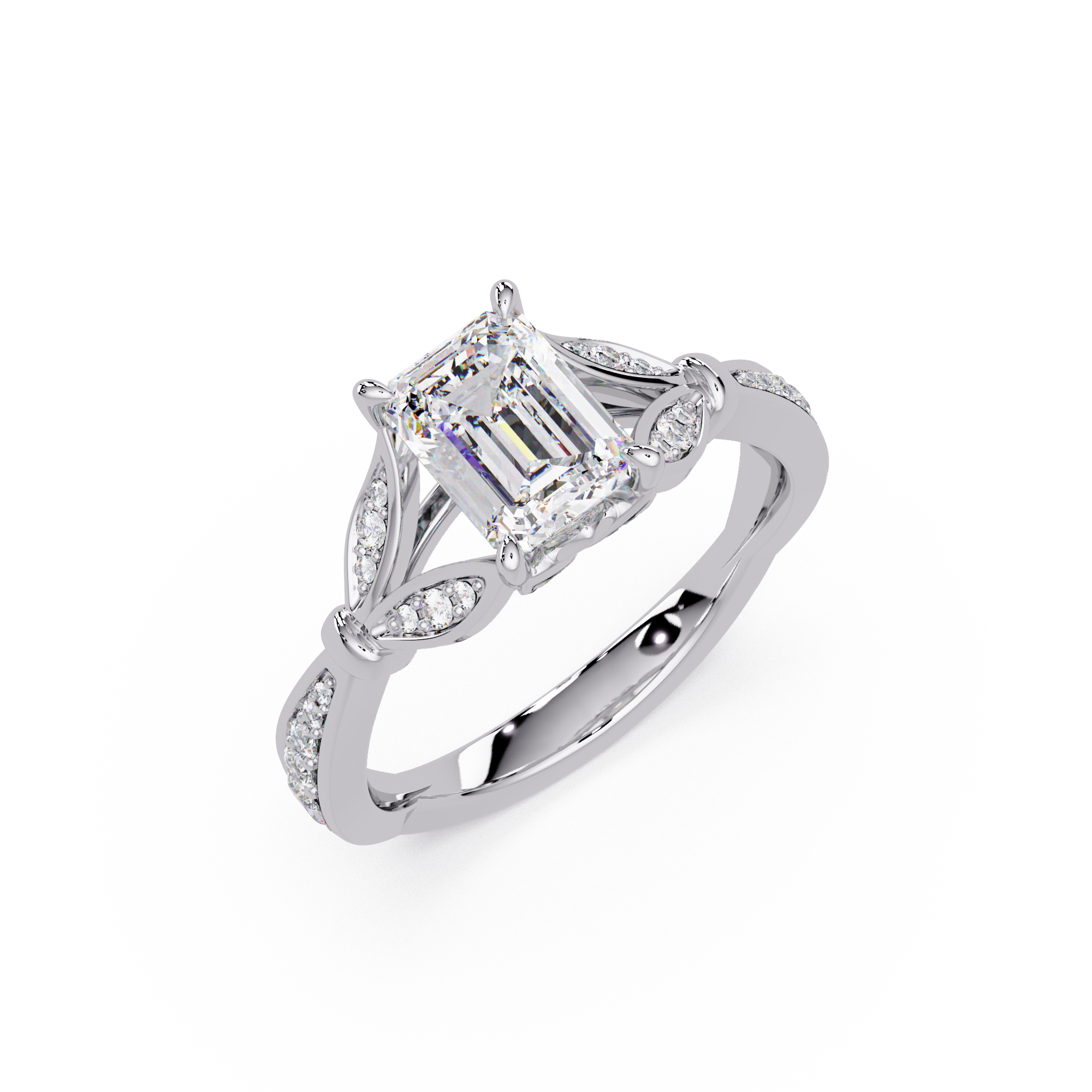 Emerald Cut Diamond Leaf-Inspired Engagement Ring