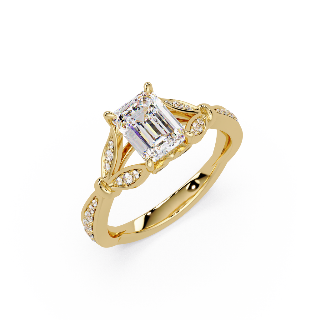 Emerald Cut Diamond Leaf-Inspired Engagement Ring
