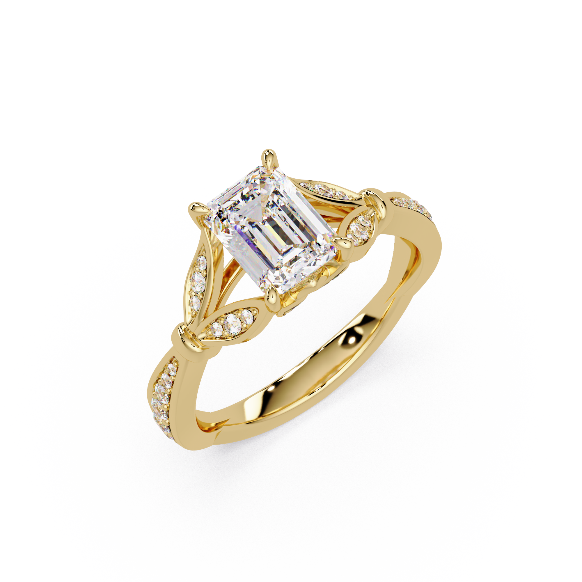 Emerald Cut Diamond Leaf-Inspired Engagement Ring