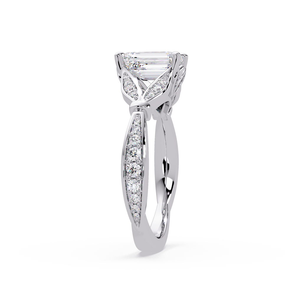 Emerald Cut Diamond Leaf-Inspired Engagement Ring