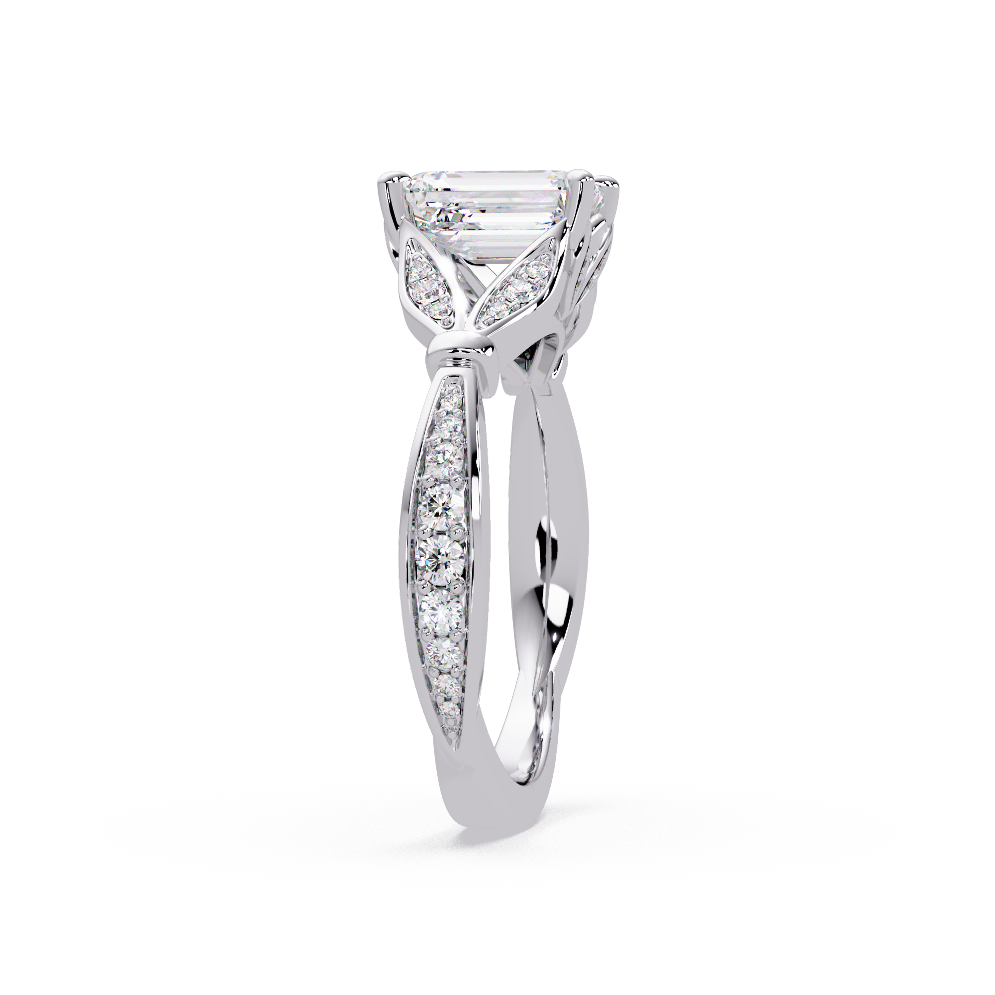 Emerald Cut Diamond Leaf-Inspired Engagement Ring
