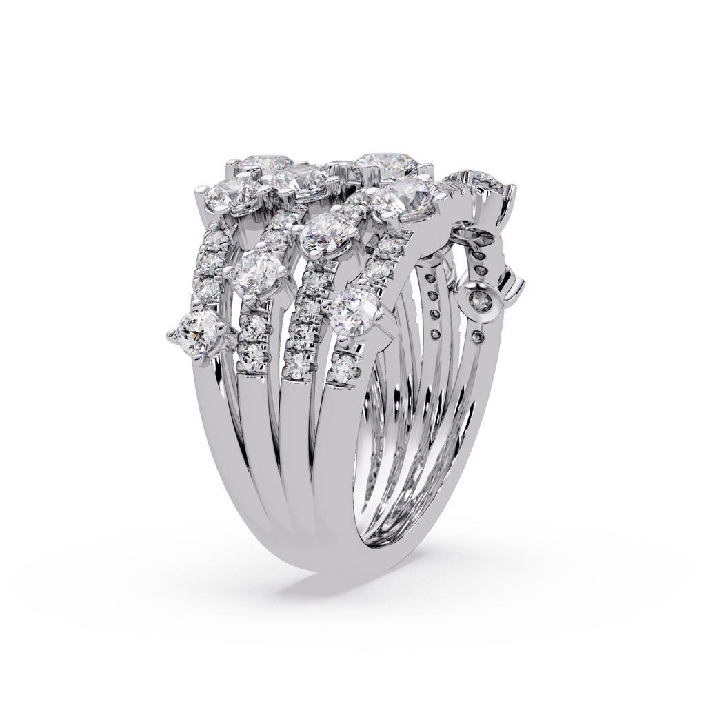 Round Cut Diamond Multi Row Statement Ring