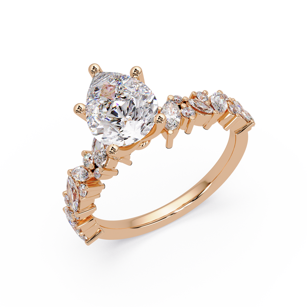 Nature-Inspired Pear Diamond Engagement Ring with Marquise & Round Accent Stones