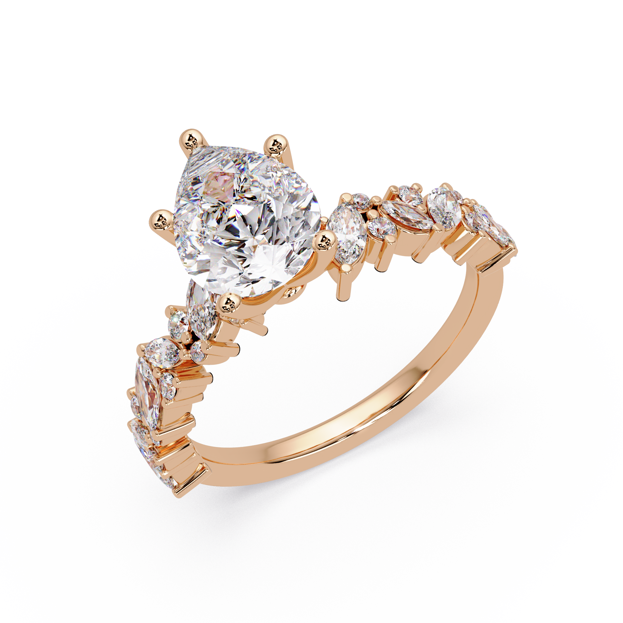 Nature-Inspired Pear Diamond Engagement Ring with Marquise & Round Accent Stones