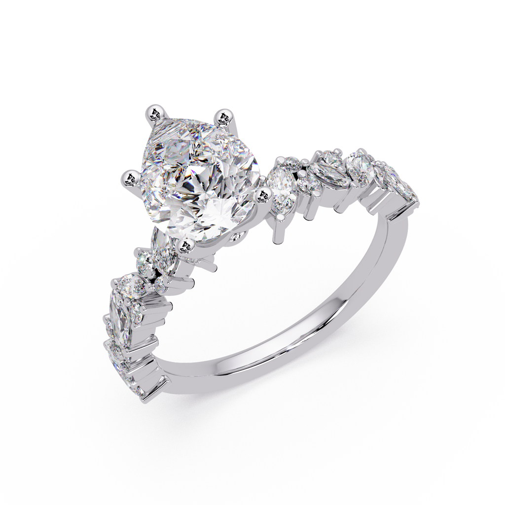 Nature-Inspired Pear Diamond Engagement Ring with Marquise & Round Accent Stones
