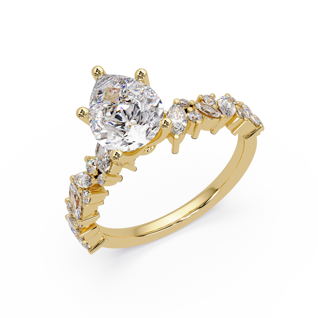 Nature-Inspired Pear Diamond Engagement Ring with Marquise & Round Accent Stones