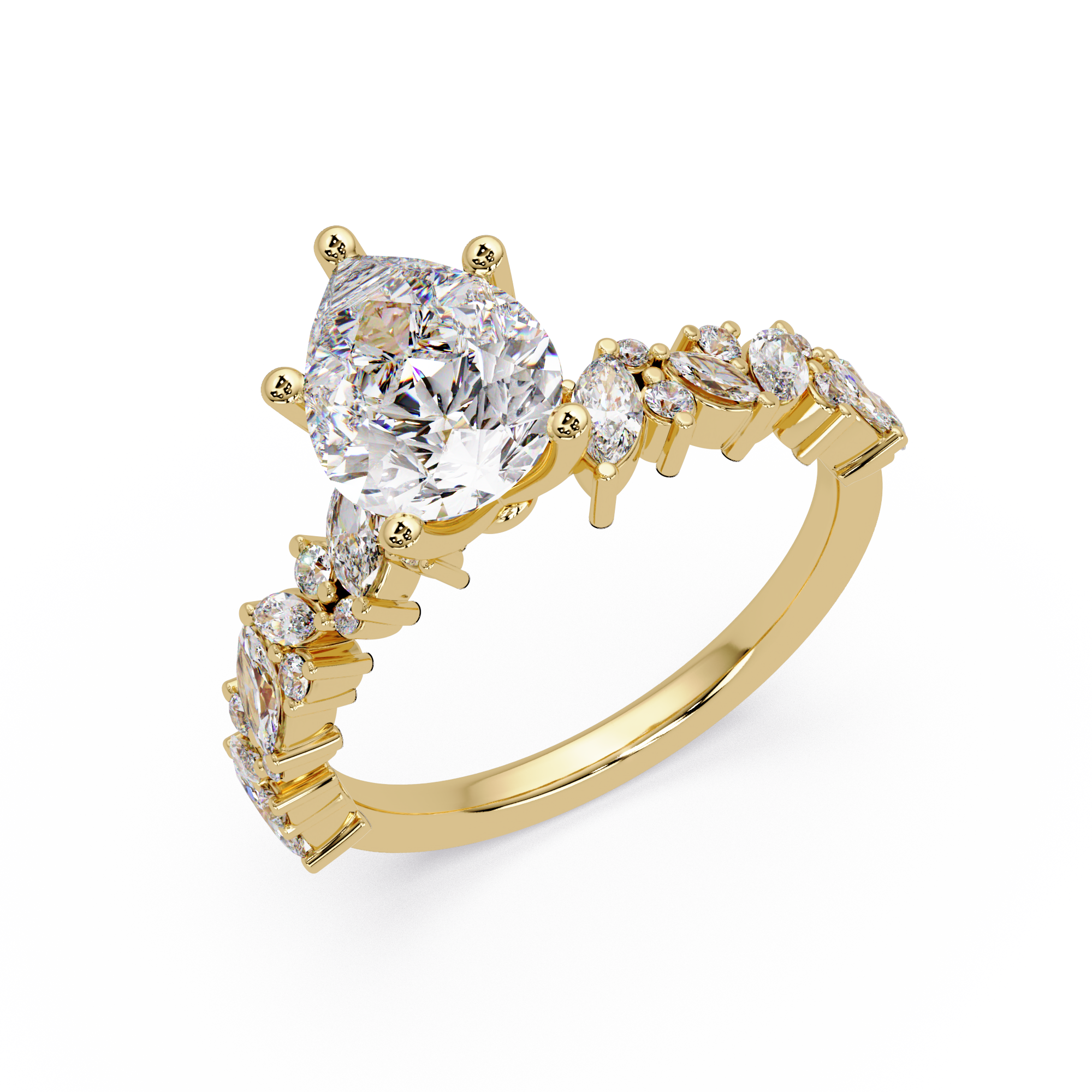 Nature-Inspired Pear Diamond Engagement Ring with Marquise & Round Accent Stones