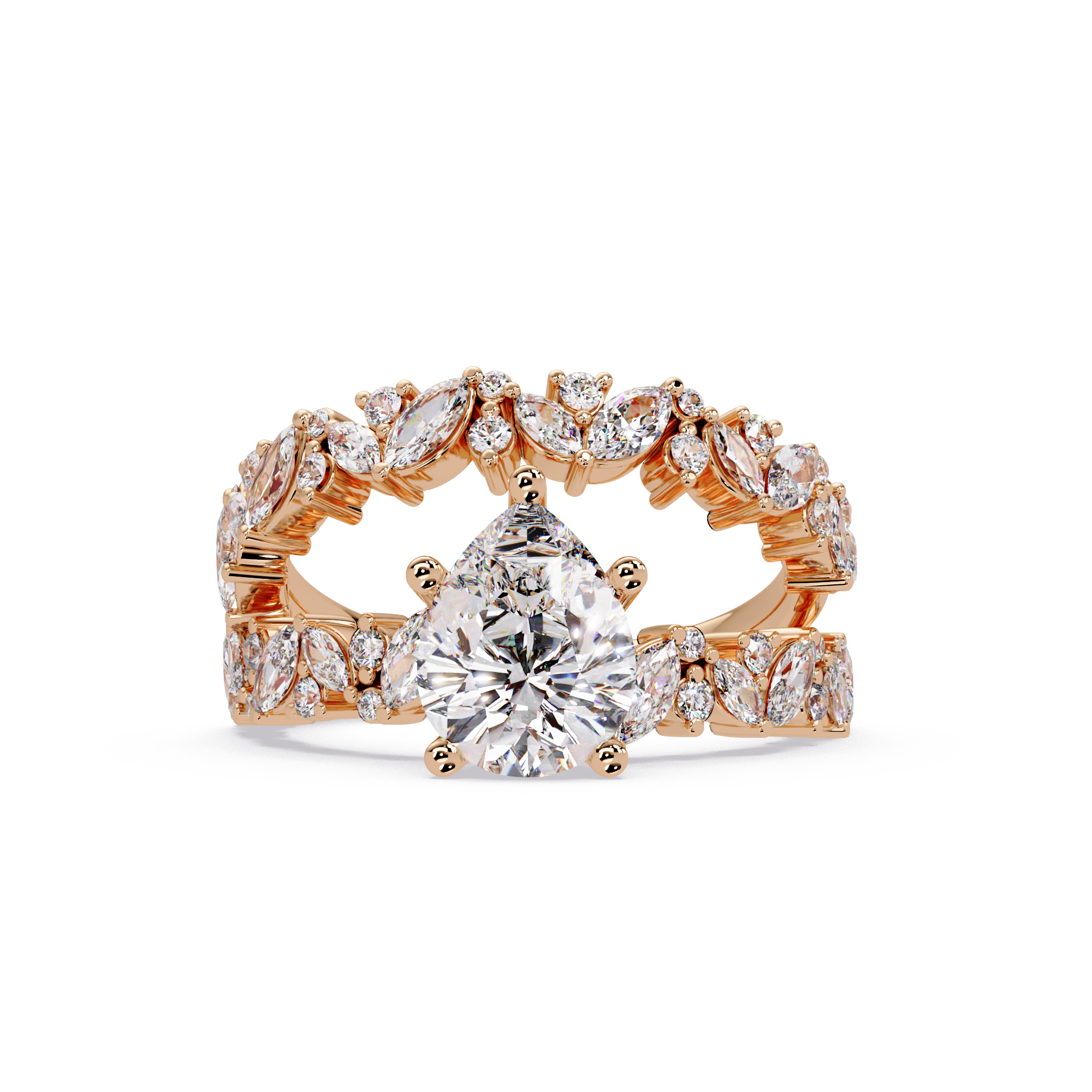 Nature-Inspired Pear Diamond Engagement Ring with Marquise & Round Accent Stones