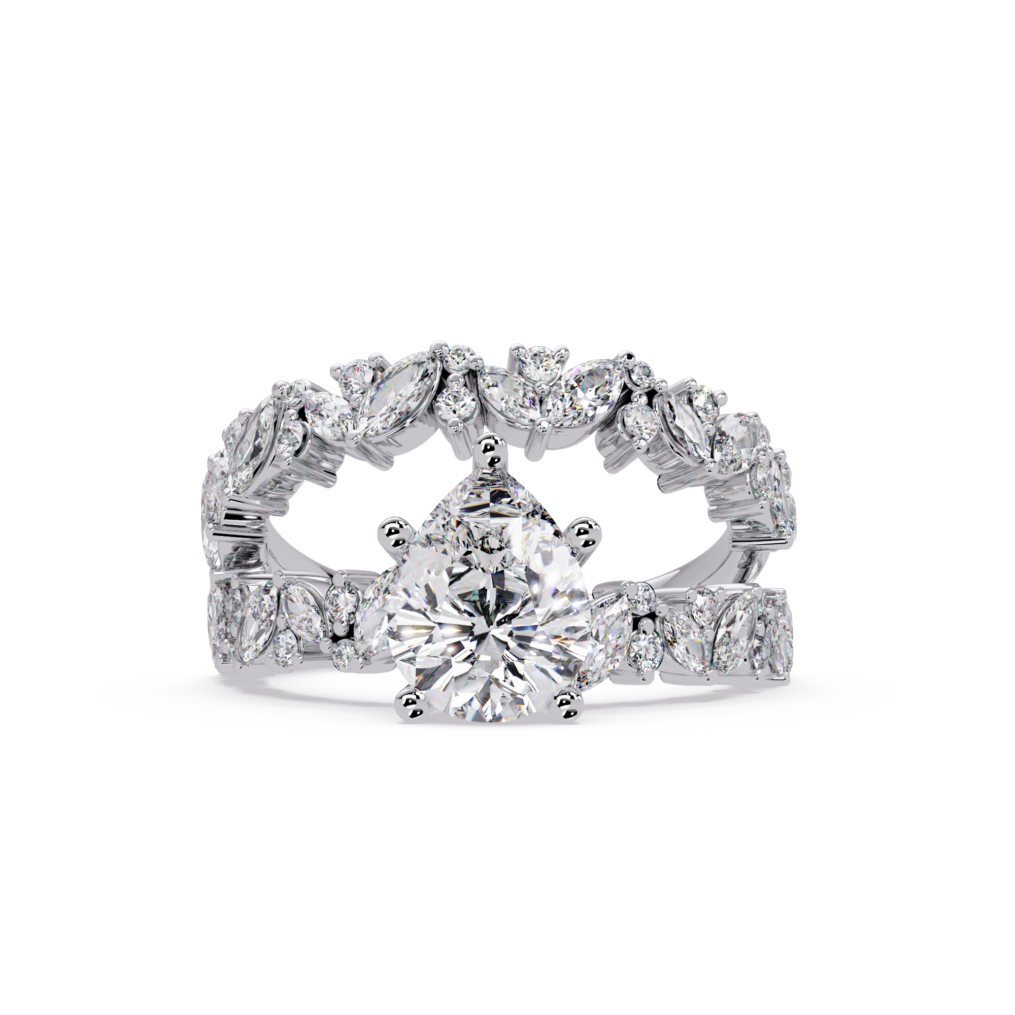 Nature-Inspired Pear Diamond Engagement Ring with Marquise & Round Accent Stones