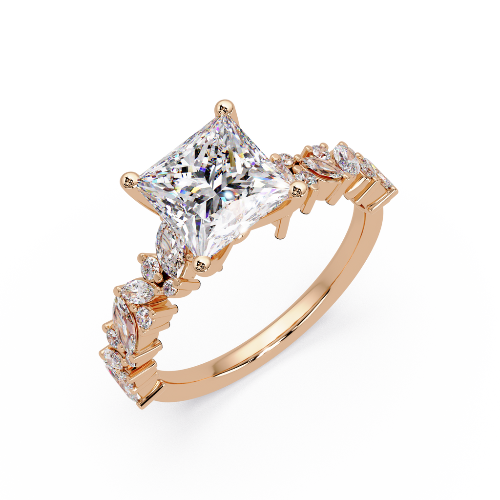 Nature-Inspired Princess Diamond Engagement Ring with Marquise & Round Accent Stones